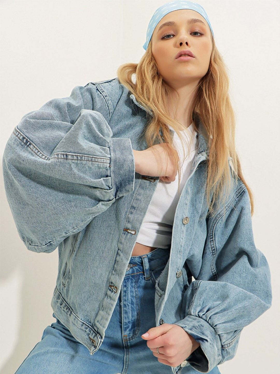 

Trend Alacati stili Longline Denim Jacket, Blue