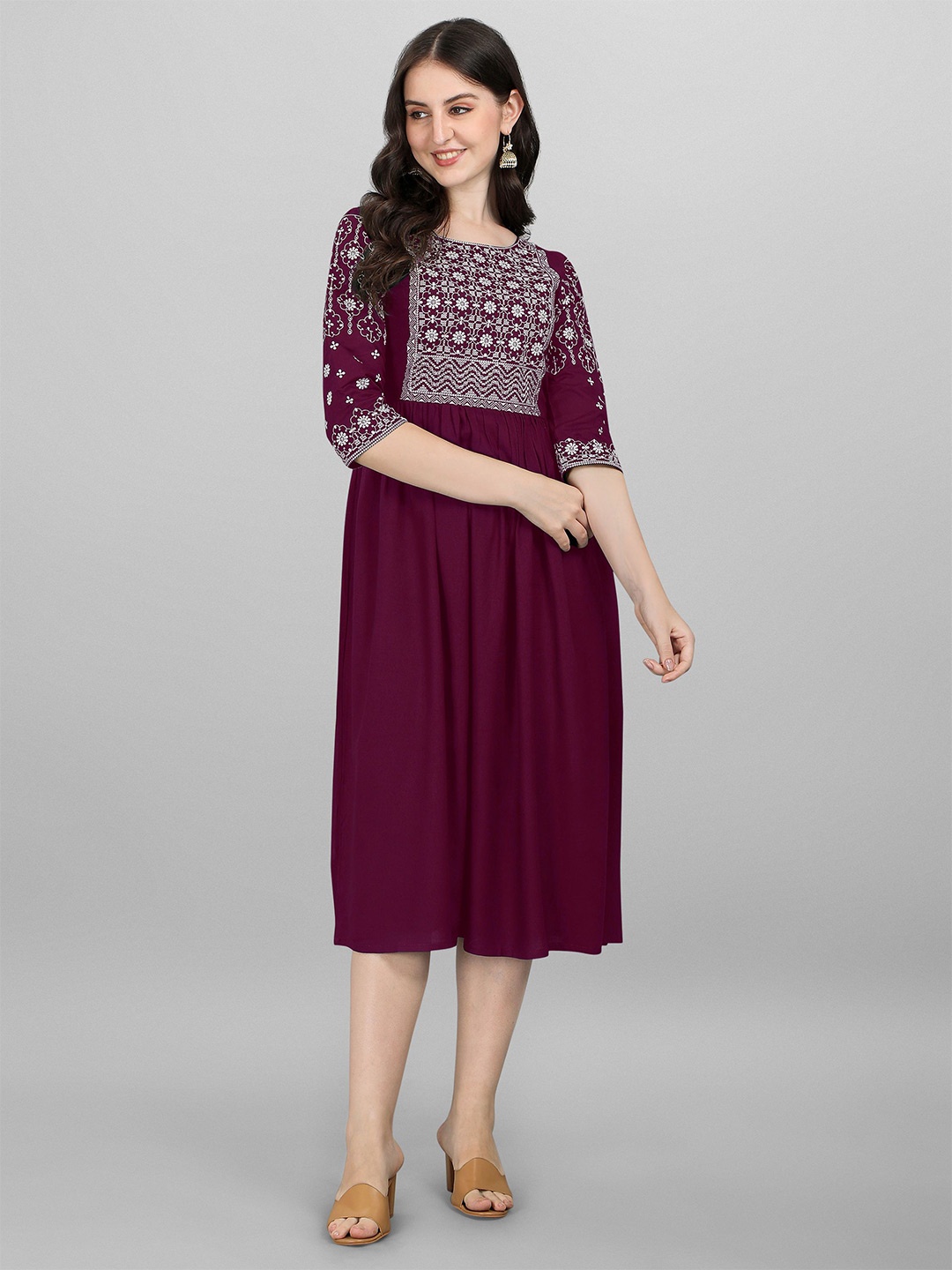 

Shree Ramkrishna Fab Ethnic Motifs Print Fit & Flare Midi Dress, Purple