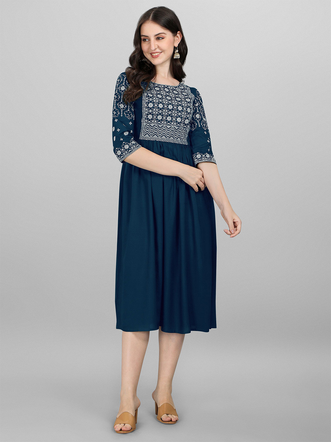 

Shree Ramkrishna Fab Ethnic Motifs Fit & Flare Midi Dress, Blue