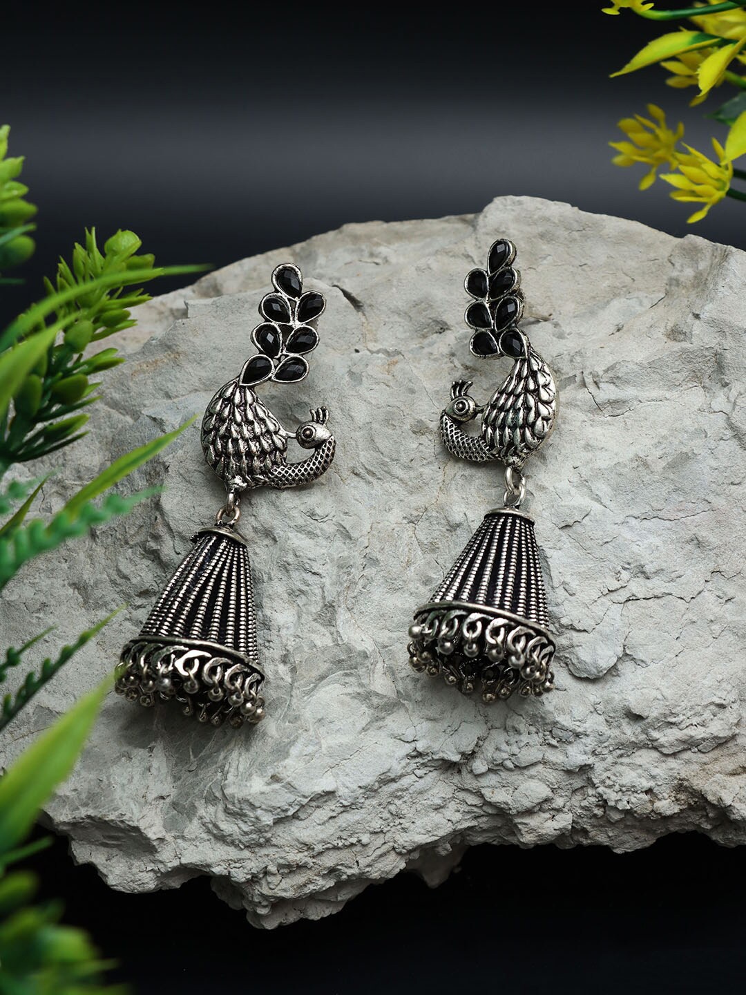 

Ozanoo Silver-Plated Oxidised Peacock Stone Hanging Jhumkas Earrings, Black
