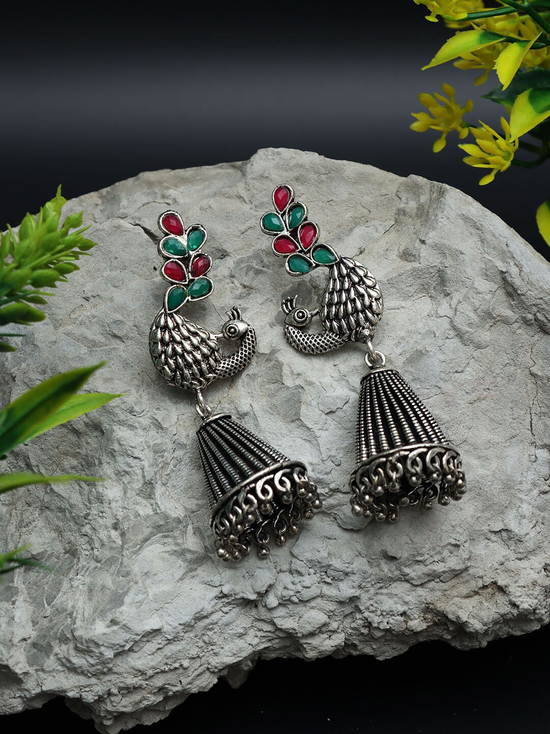 

Ozanoo Silver-Plated Peacock Shaped Floral Jhumkas, Green