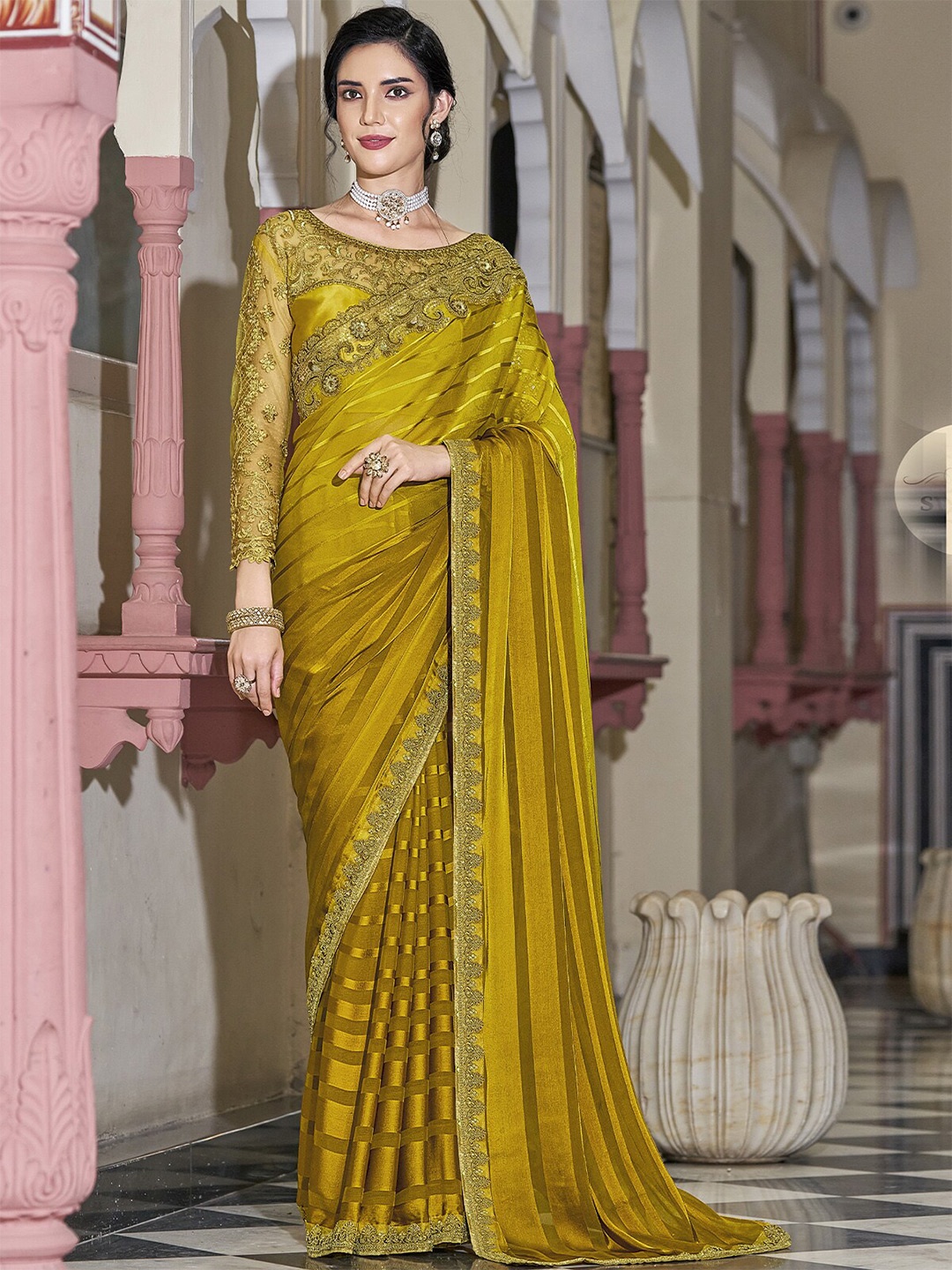 

ODETTE Striped Embroidered Border Saree, Mustard