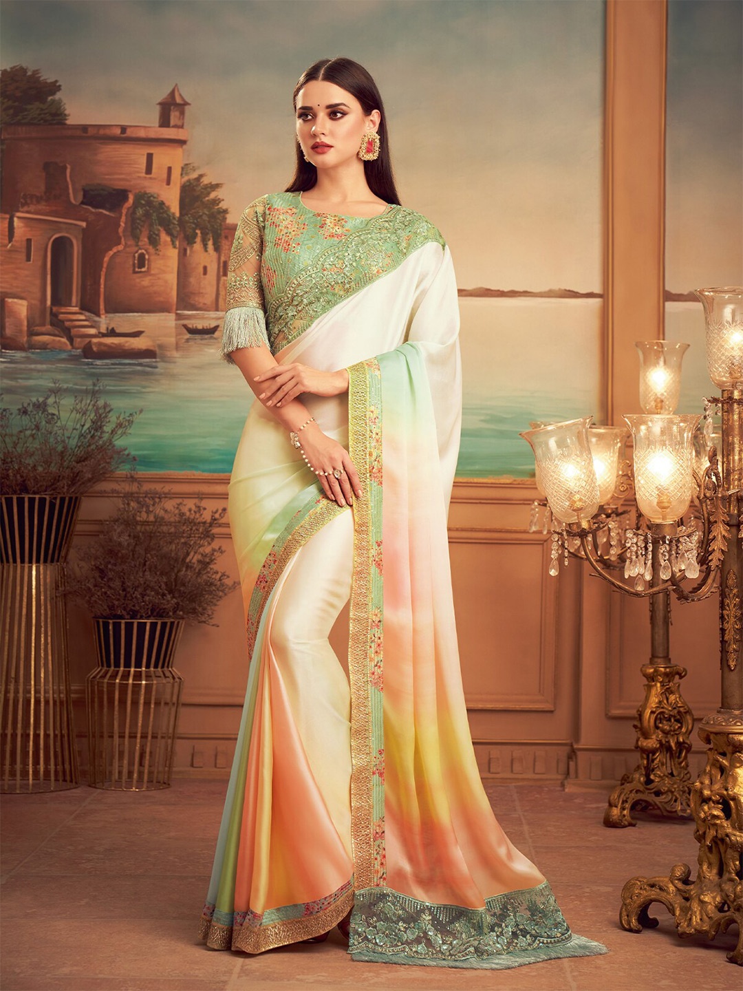 

ODETTE Sequinned Embroidered Saree, Off white