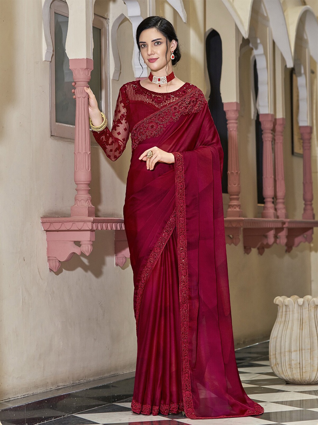 

ODETTE Sequinned Embroidered Saree, Red