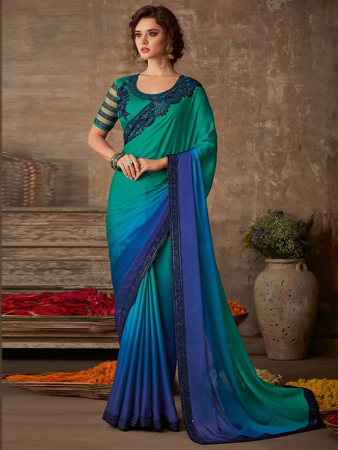 

ODETTE Ombre Dyed Sequinned Embroidered Saree, Sea green