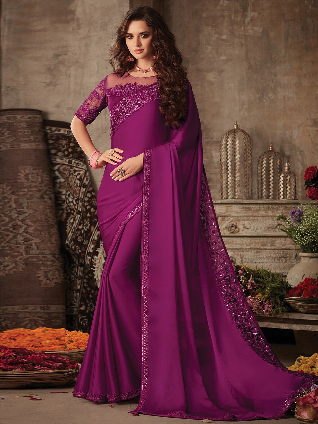 

ODETTE Embroidered Silk Blend Saree, Purple