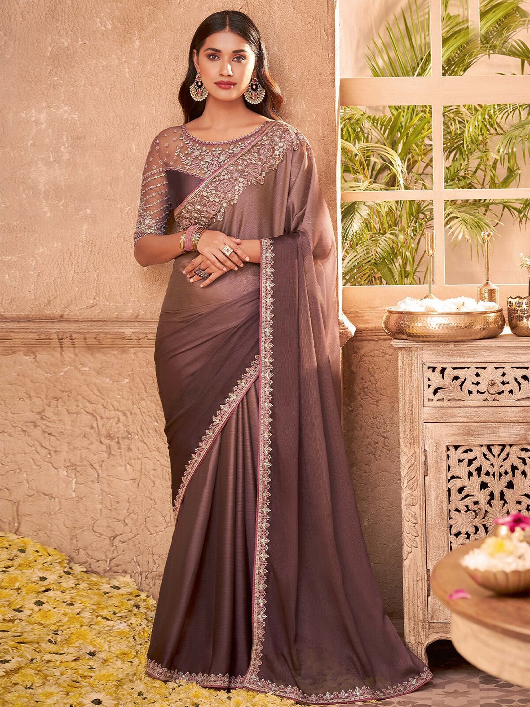 

ODETTE Sequinned Embroidered Saree, Brown