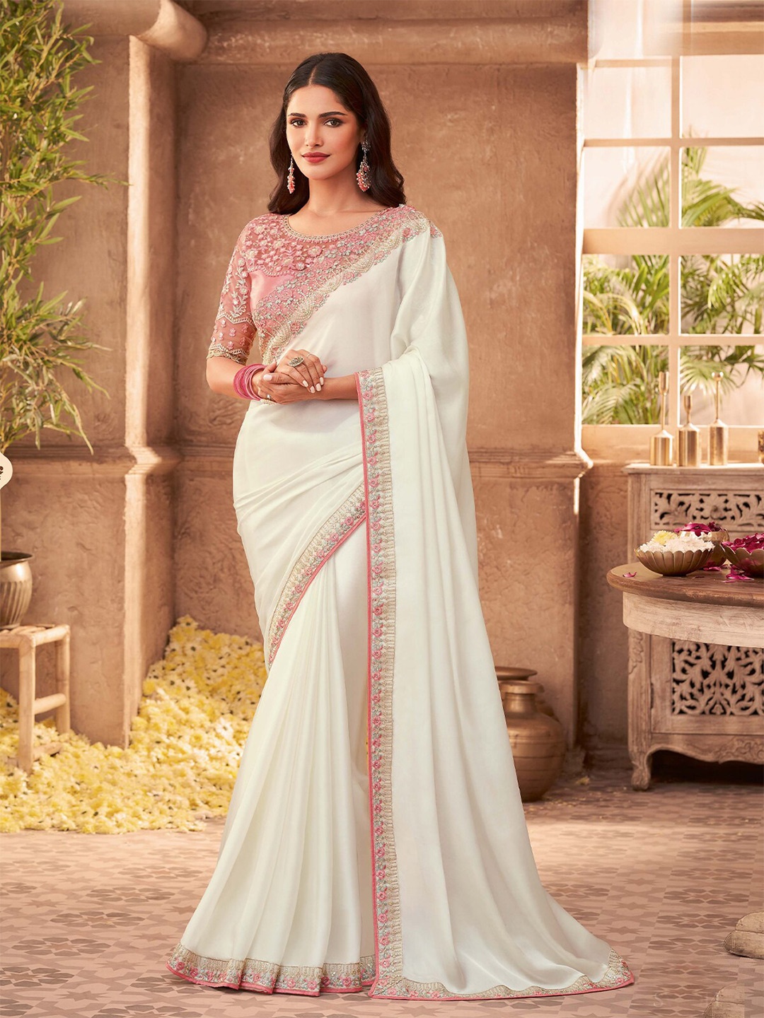 

ODETTE Sequinned Embroidered Saree, White
