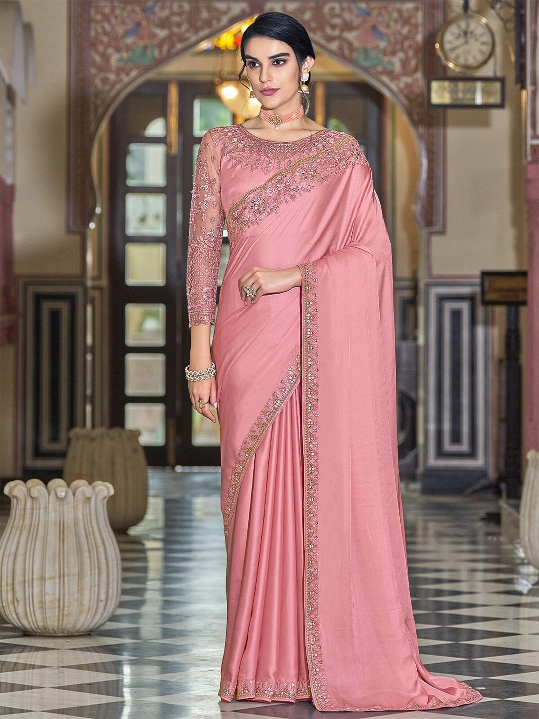 

ODETTE Embellished Silk Blend Saree, Pink
