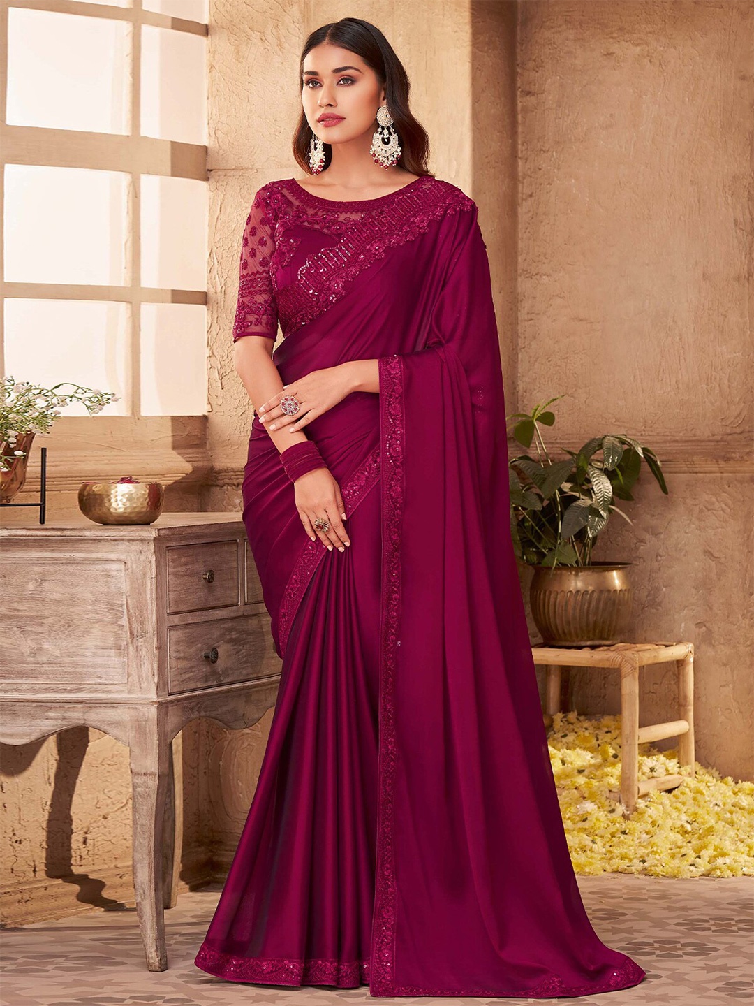 

ODETTE Sequinned Embroidered Saree, Purple