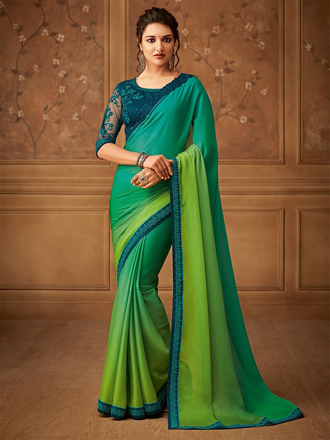 

ODETTE Sequinned Embroidered Saree, Green