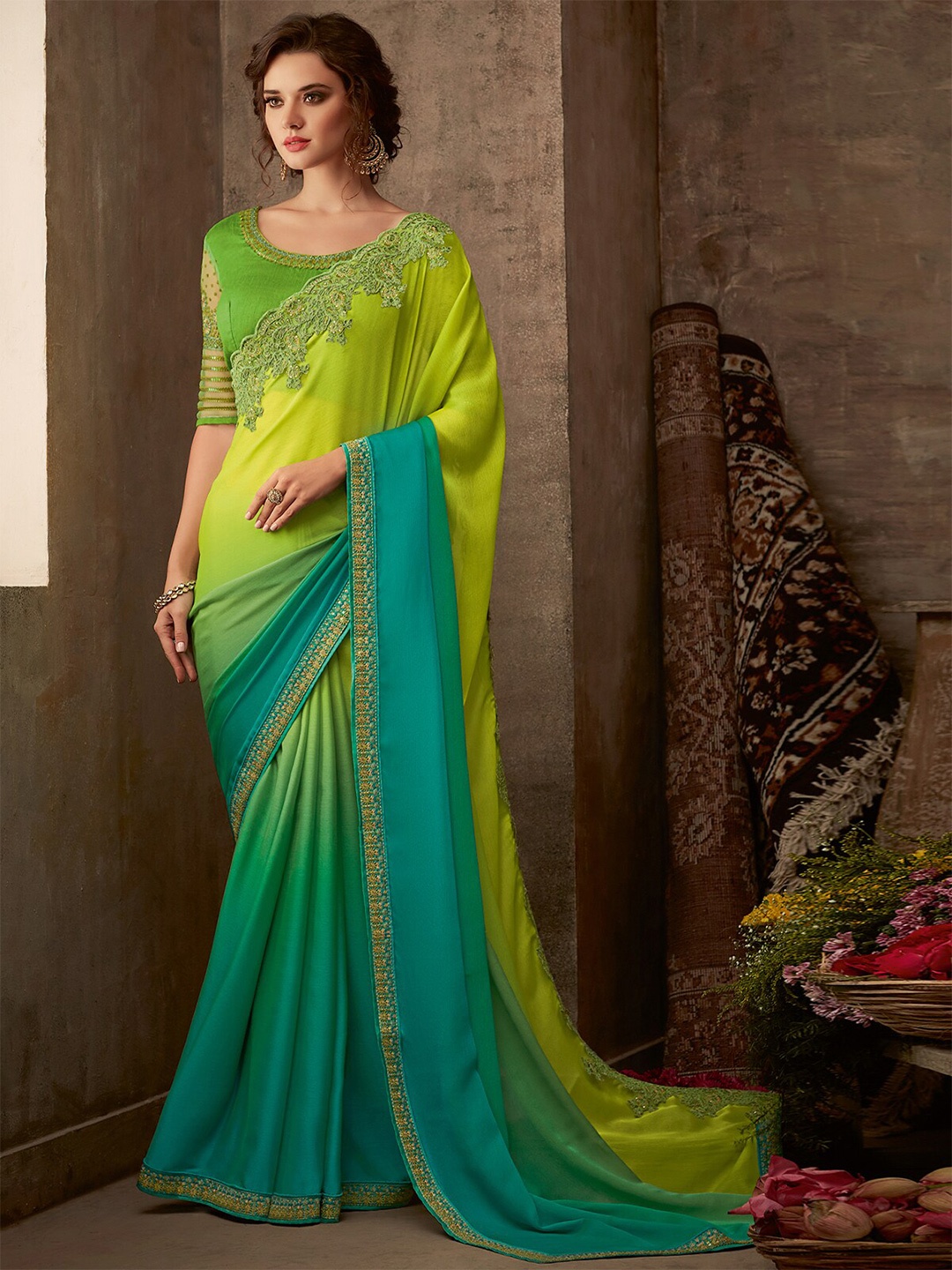 

ODETTE Ombre Dyed Embroidered Saree, Green