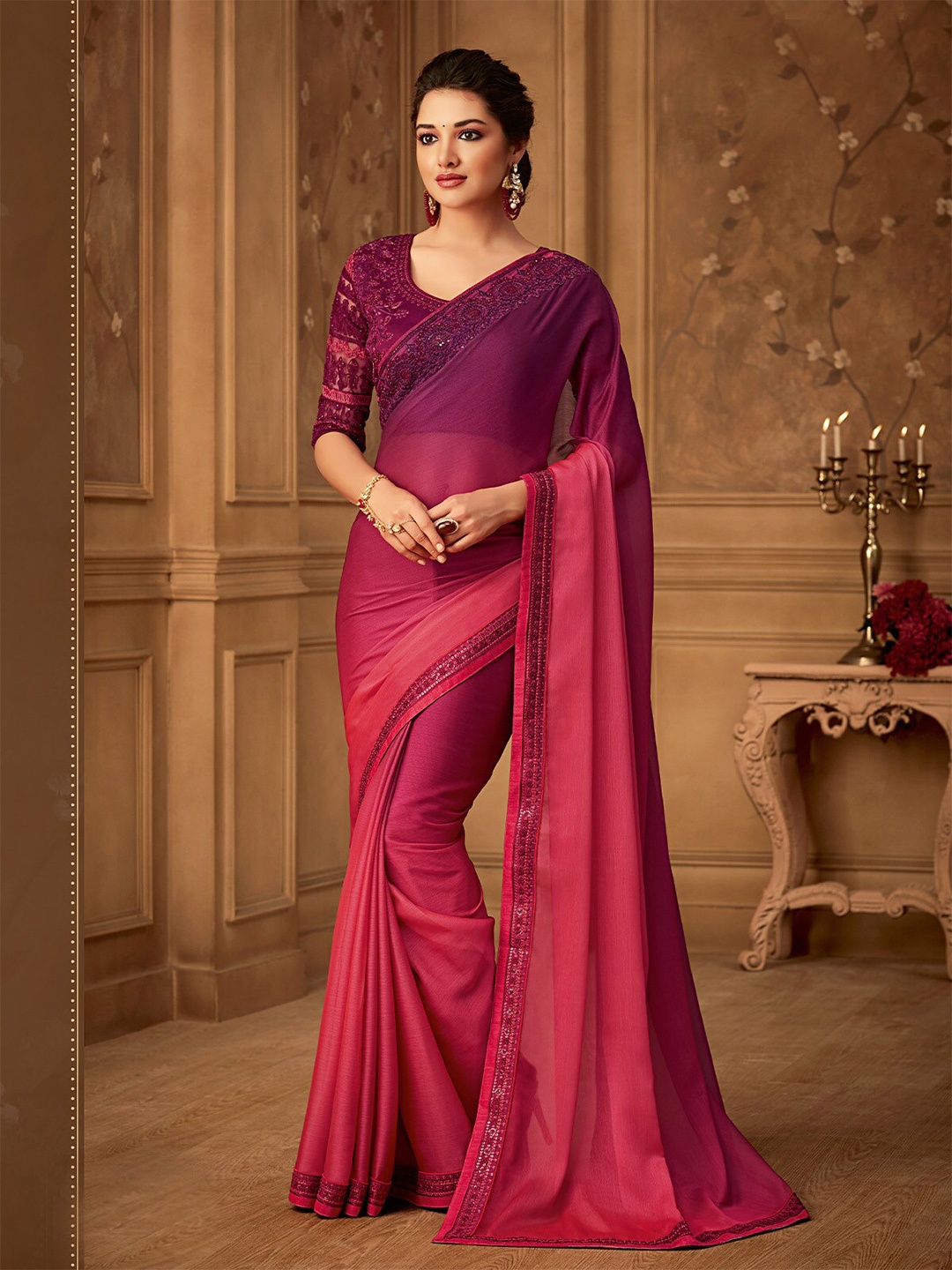

ODETTE Ombre Dyed Sequinned Embroidered Saree, Purple