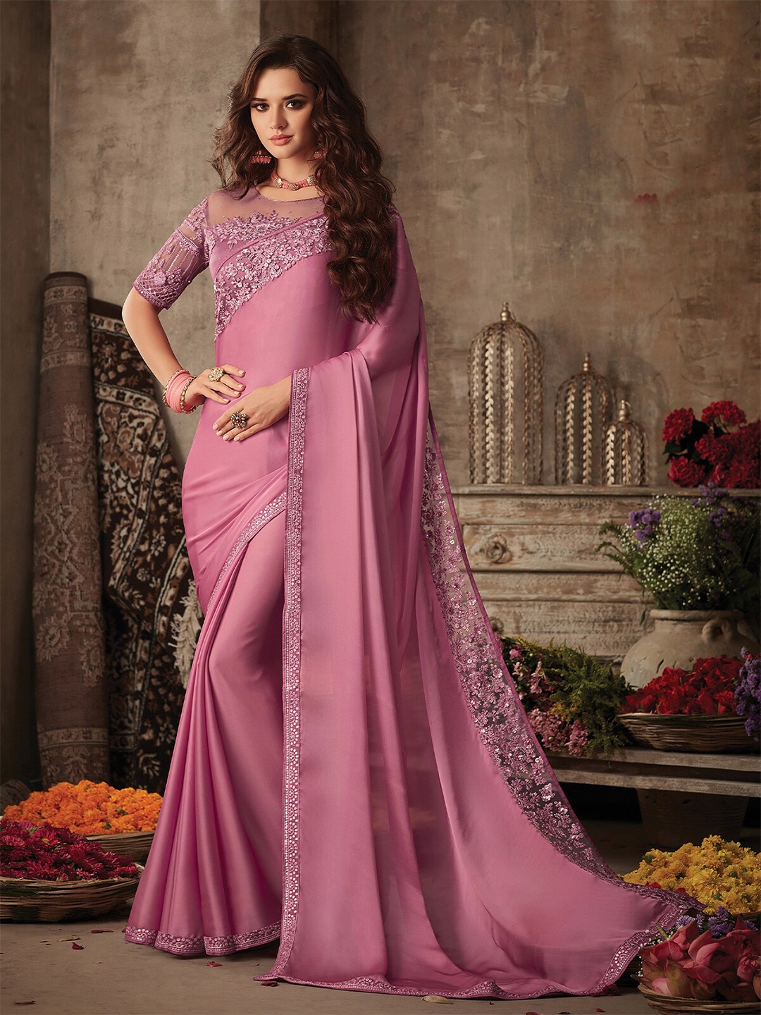 

ODETTE Embroidered Silk Blend Saree, Pink