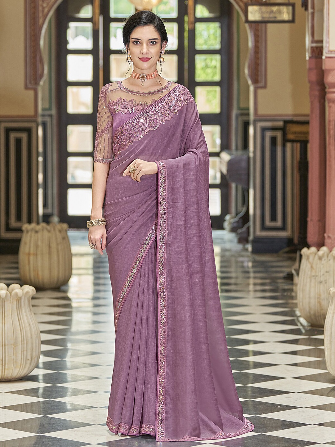 

ODETTE Sequinned Embellished Saree, Lavender