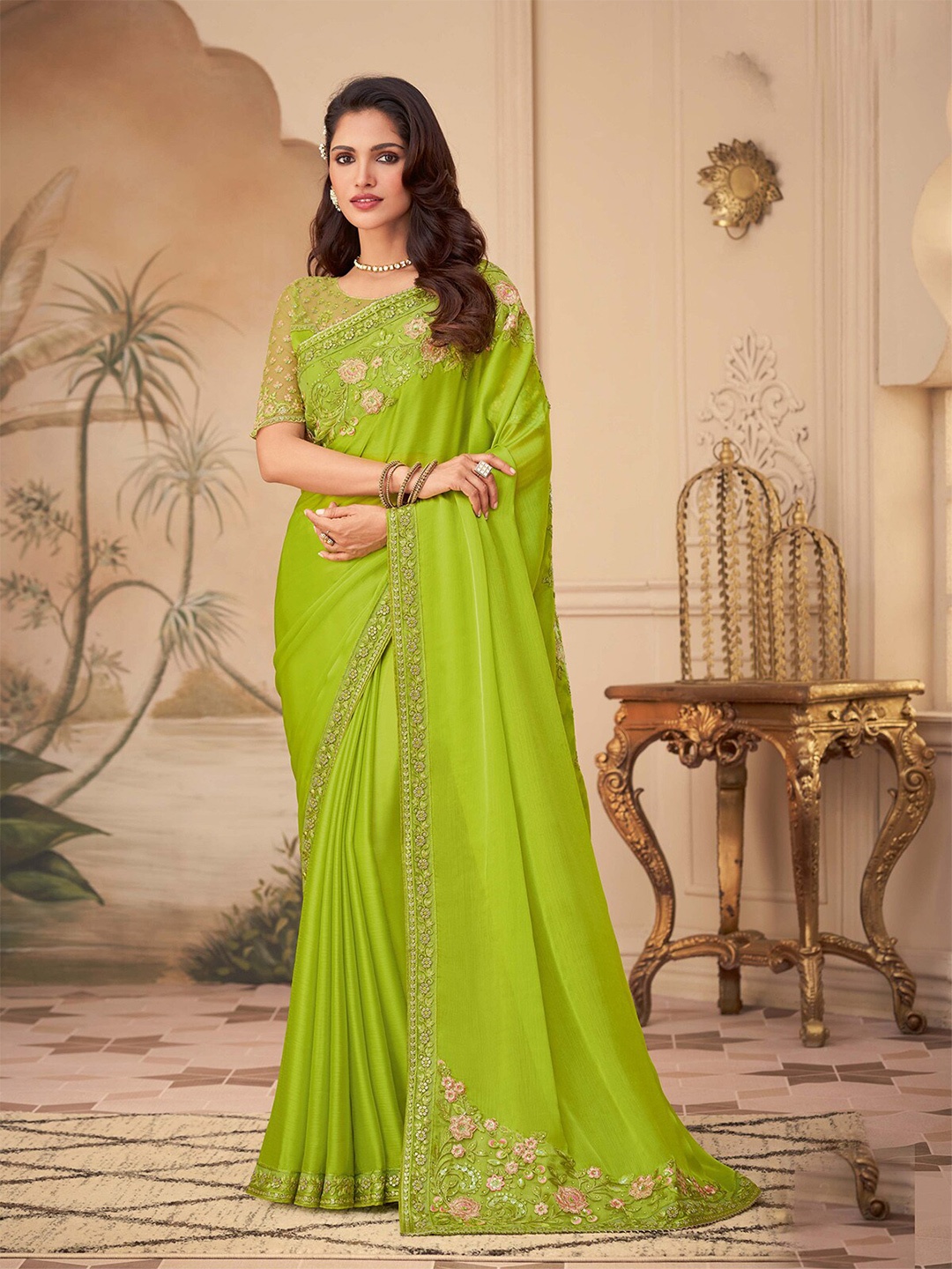 

ODETTE Sequinned Embroidered Saree, Green