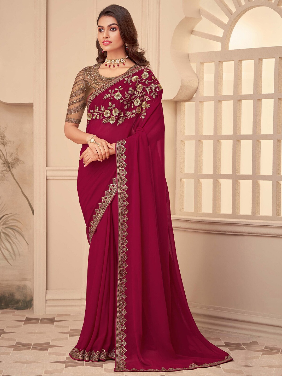 

ODETTE Floral Embroidered Sequinned Saree, Maroon