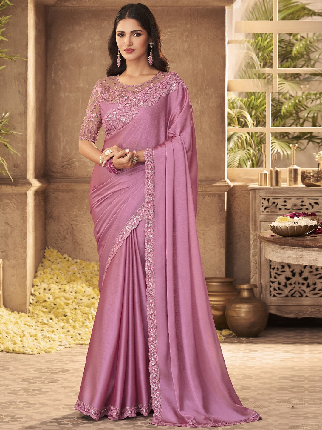 

ODETTE Sequinned Embroidered Saree, Pink