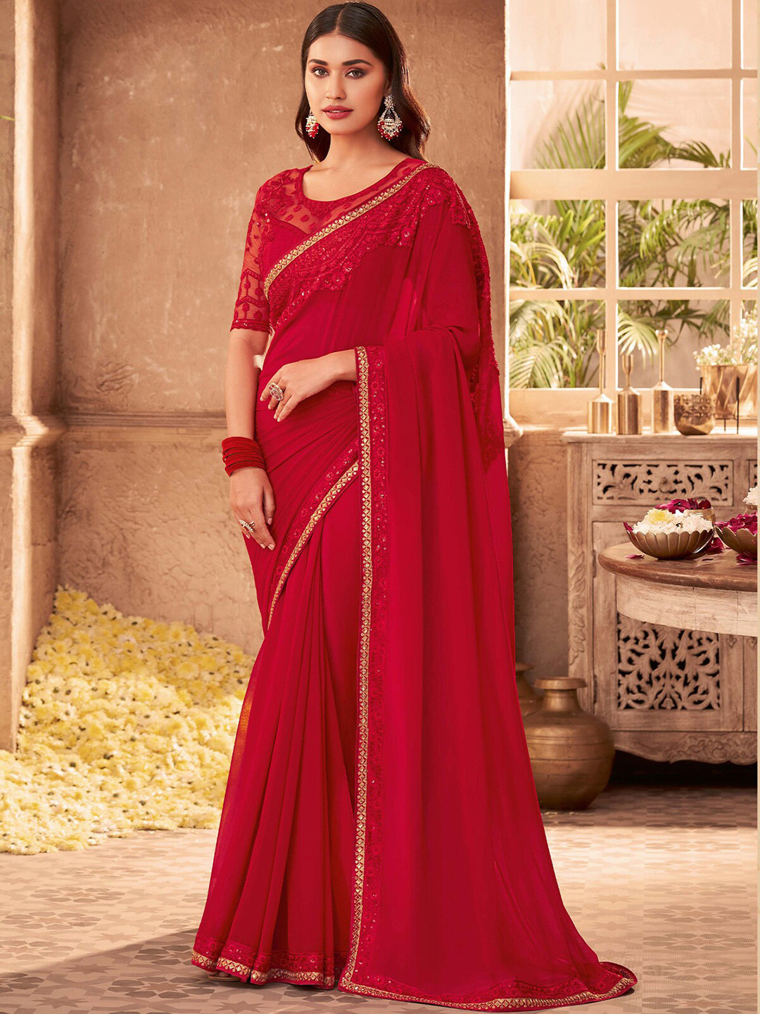 

ODETTE Sequinned Embroidered Saree, Red