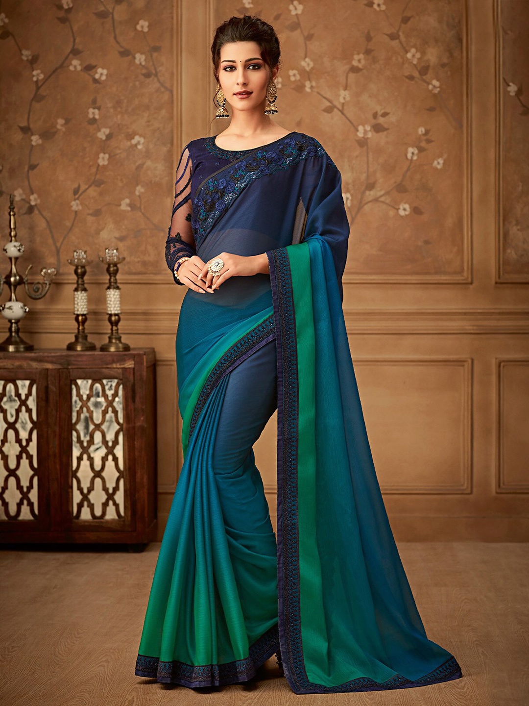 

ODETTE Sequinned Embroidered Saree, Blue