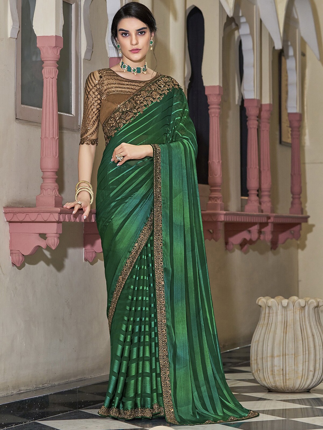 

ODETTE Striped Sequinned Embroidered Saree, Green