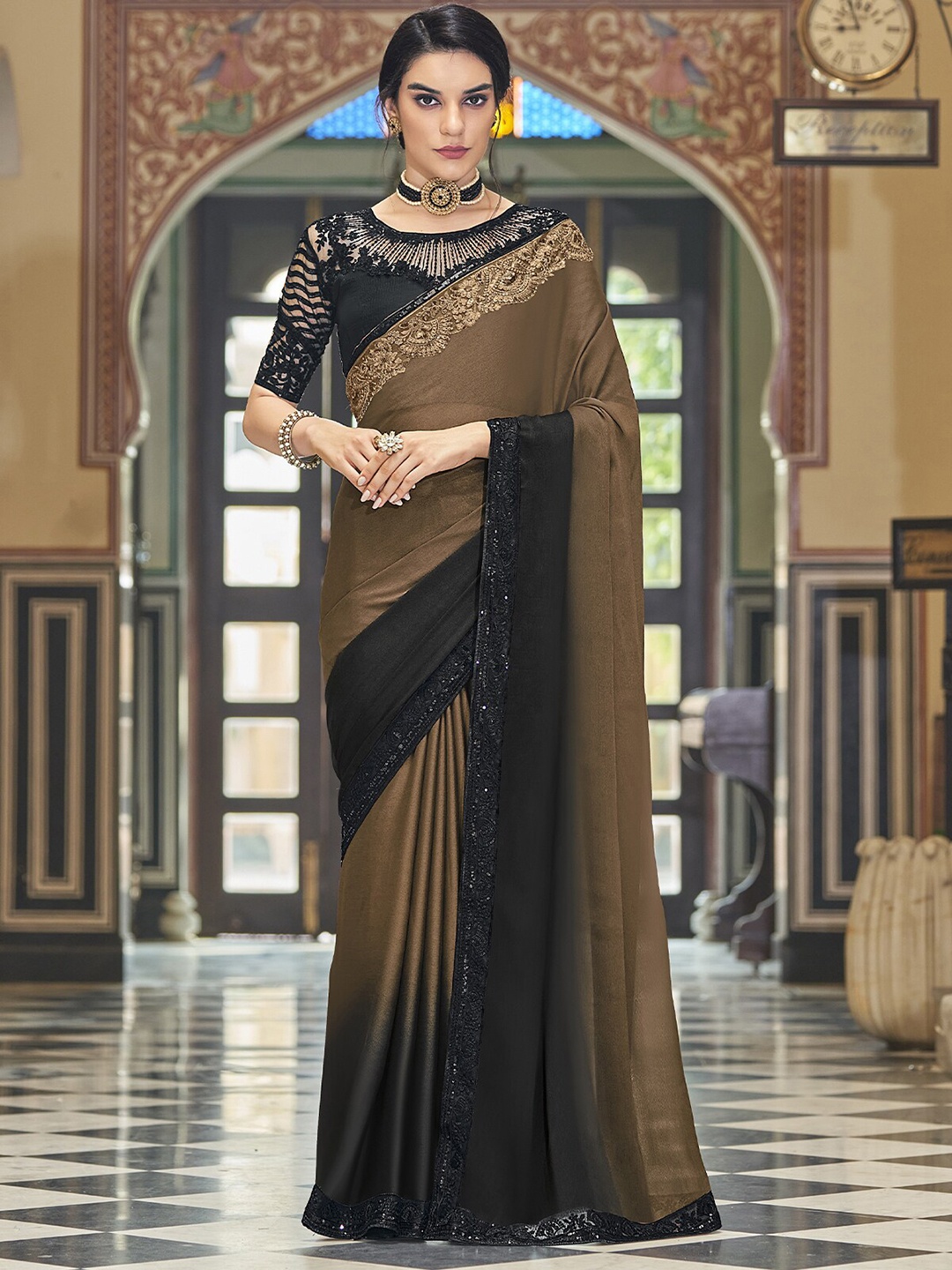 

ODETTE Sequinned Embroidered Saree, Brown