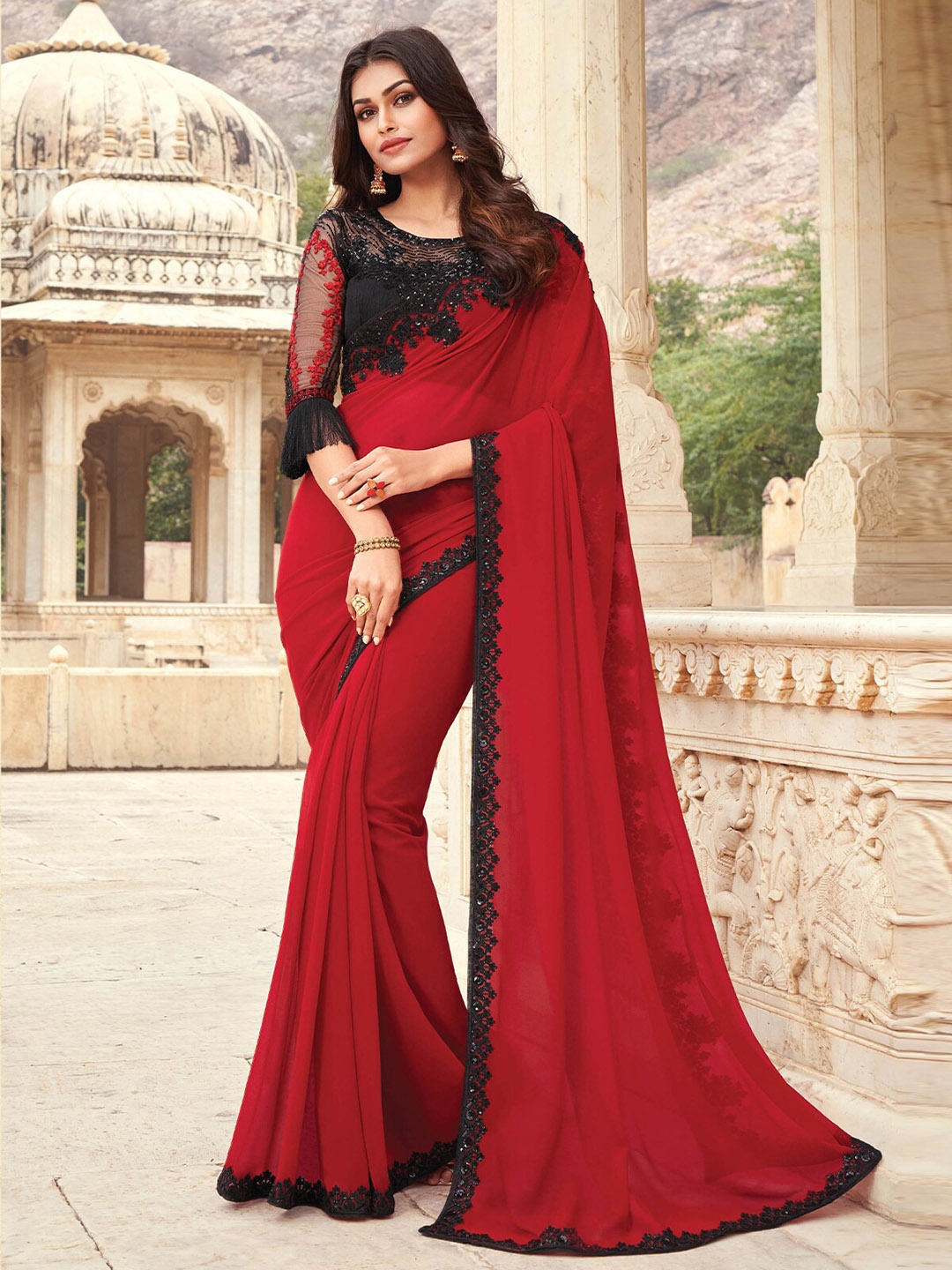 

ODETTE Sequinned Embroidered Saree, Red