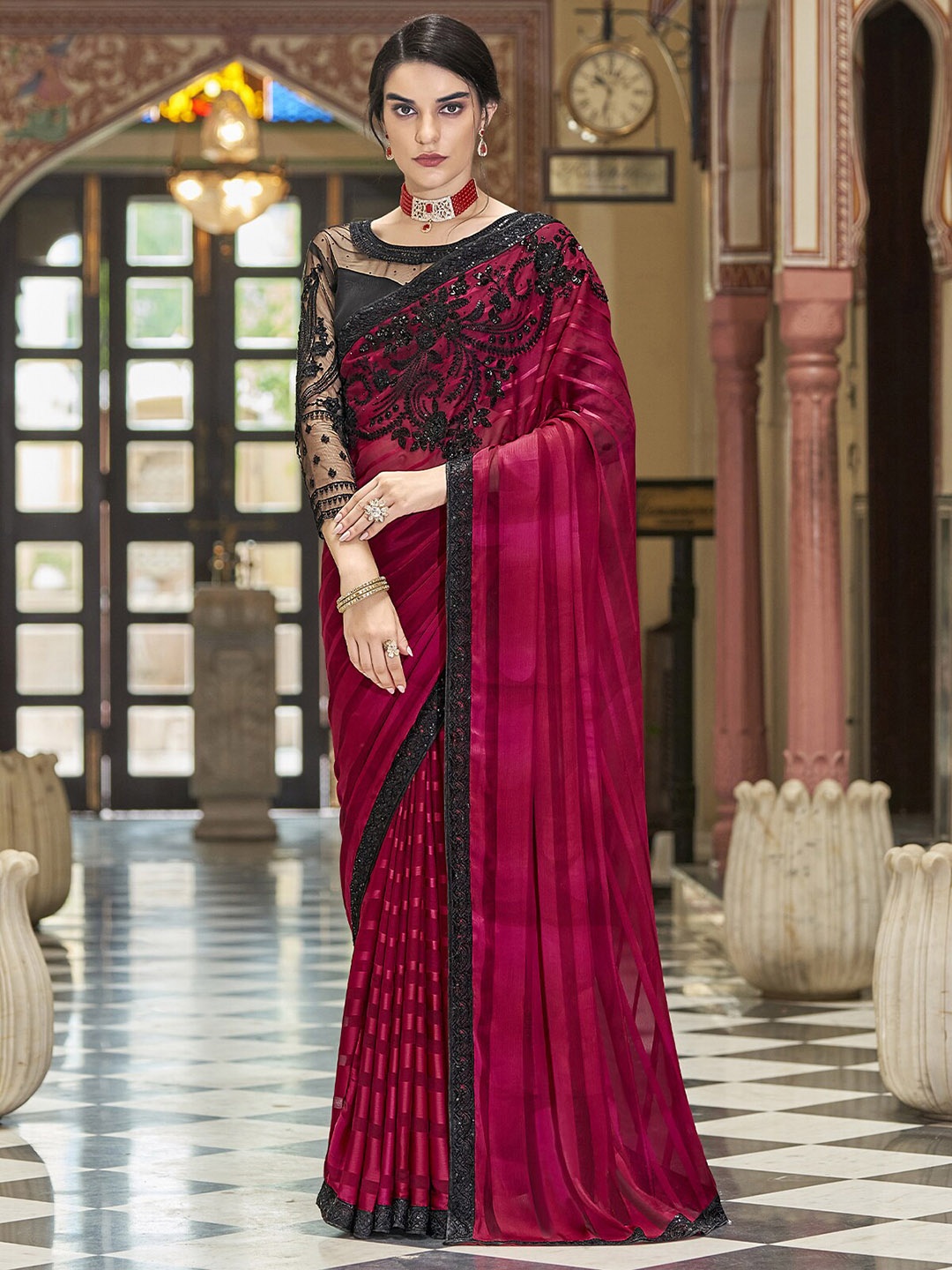 

ODETTE Embroidered Sequinned Saree, Maroon