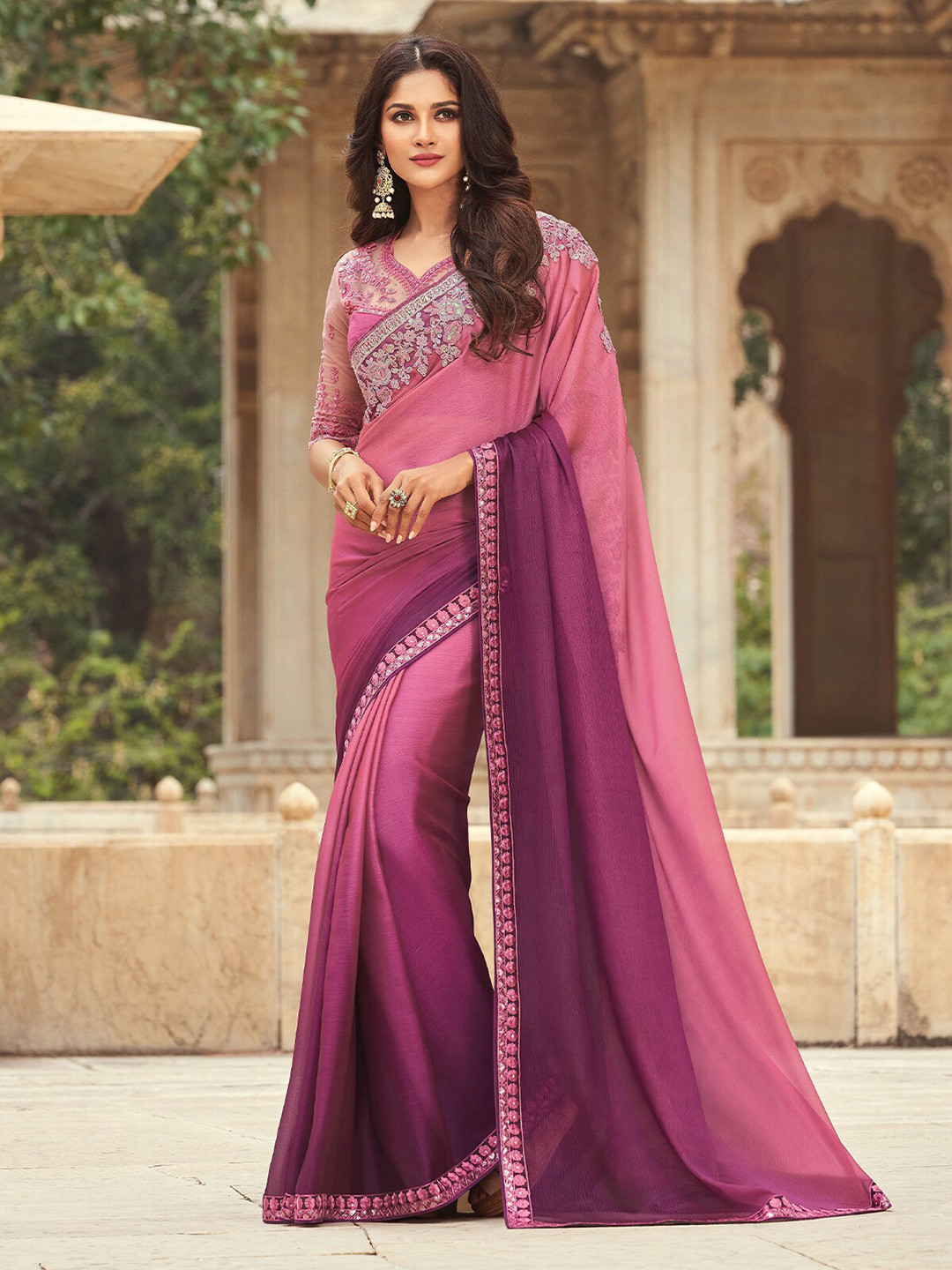 

ODETTE Sequinned Embroidered Saree, Pink