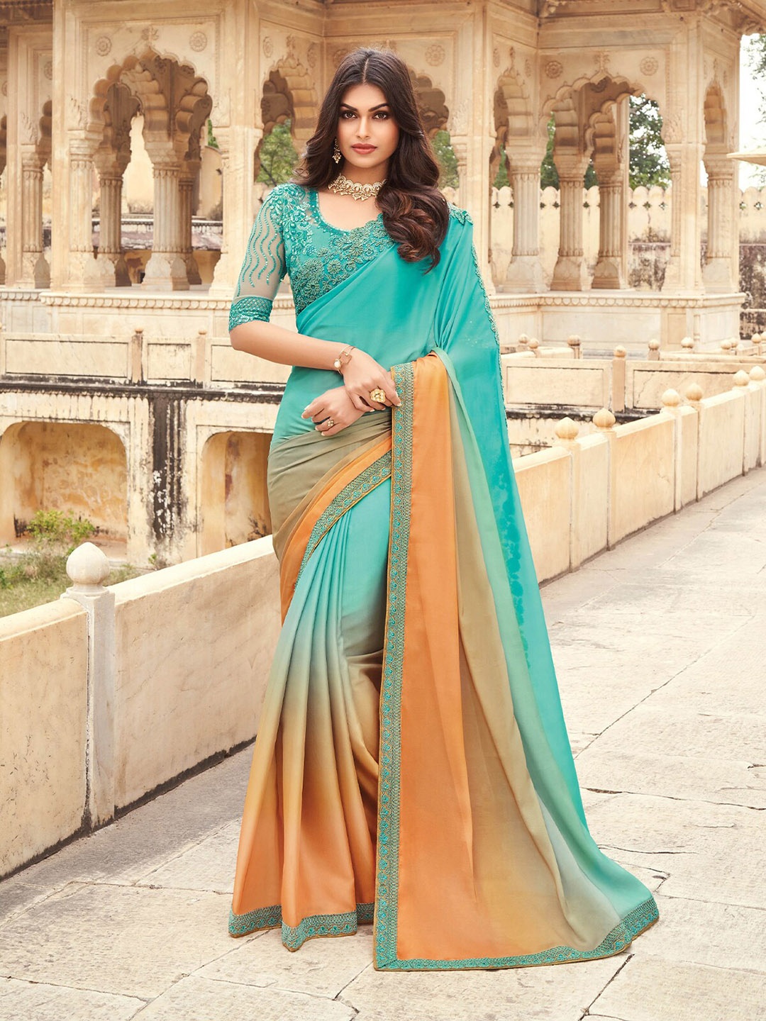 

ODETTE Sequinned Embroidered Saree, Blue