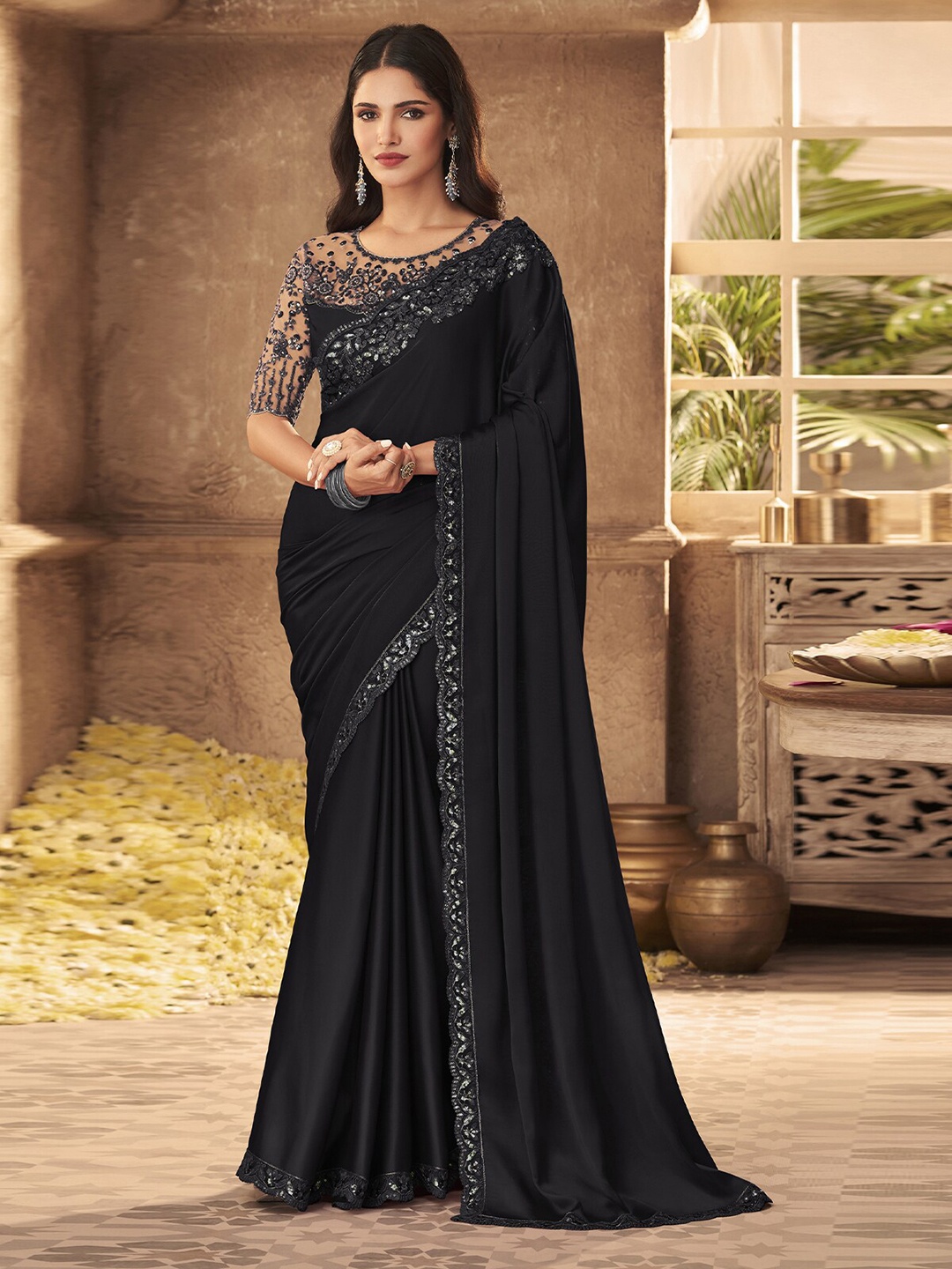 

ODETTE Sequinned Embroidered Saree, Black