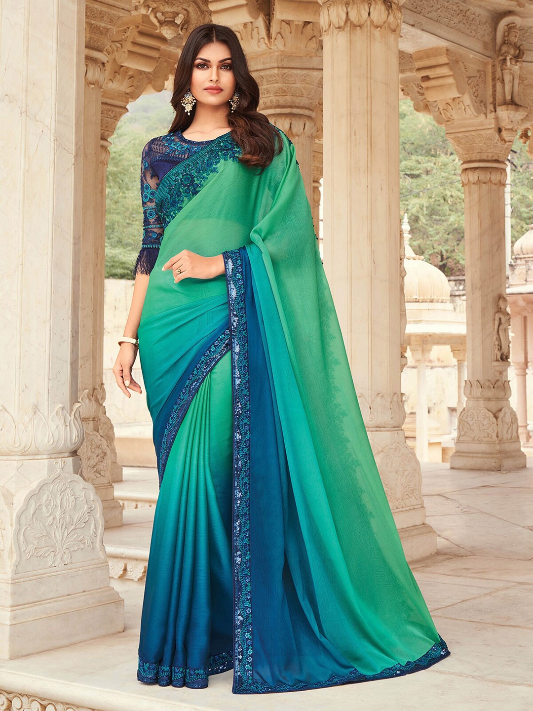 

ODETTE Sequinned Embroidered Saree, Sea green