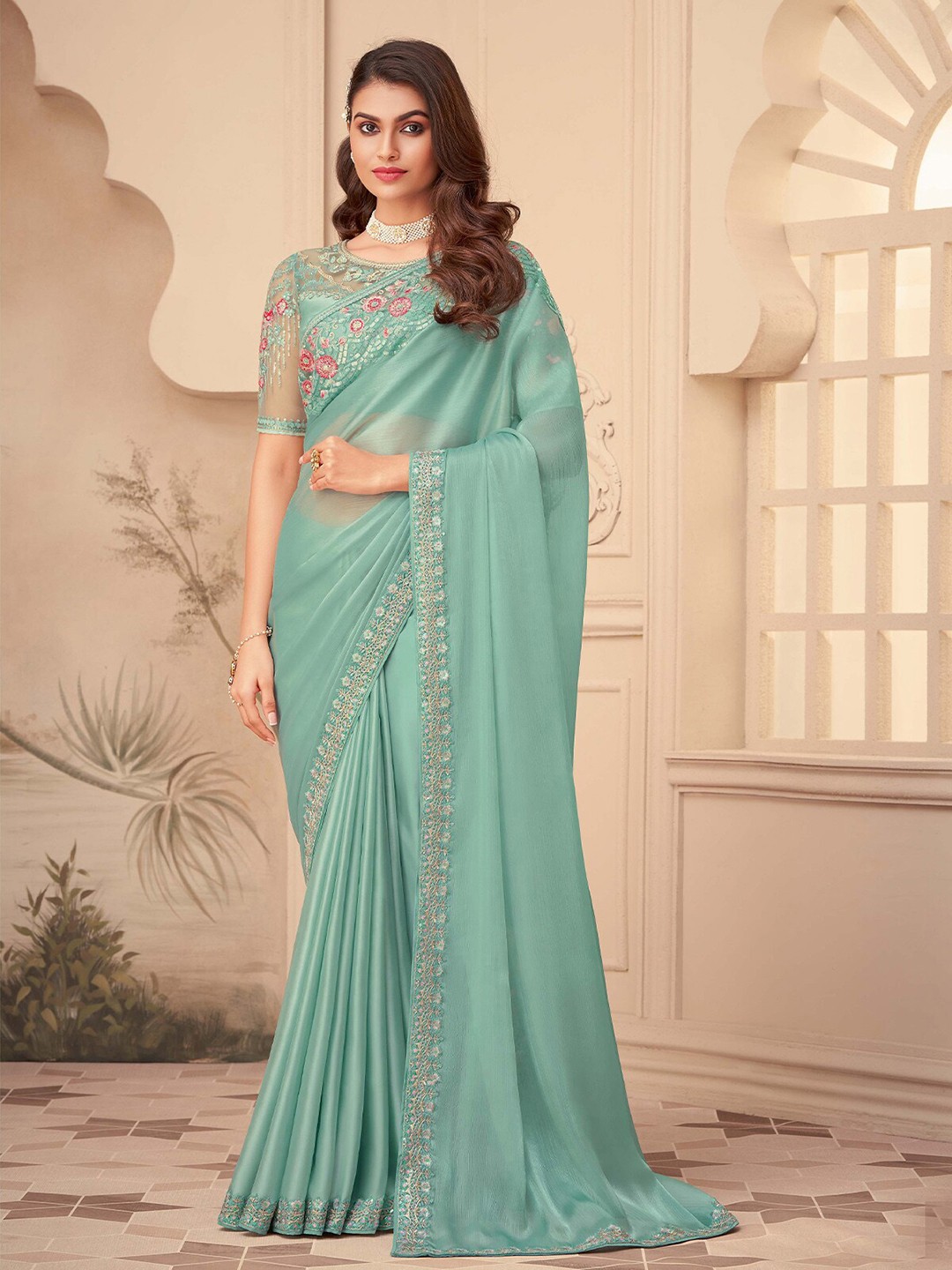 

ODETTE Sequinned Embroidered Saree, Blue