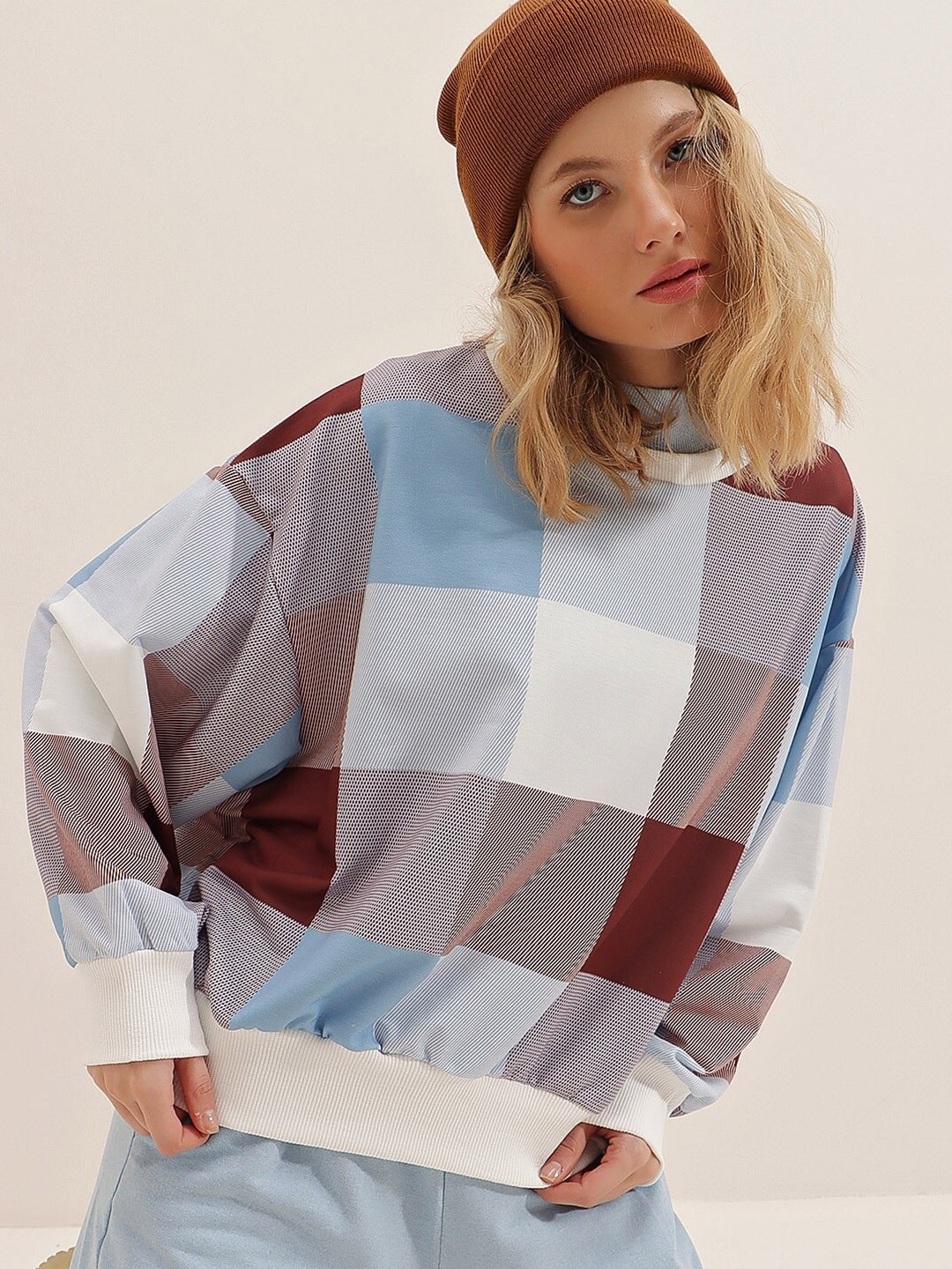 

Trend Alacati stili Checked Pullover Sweatshirt, Blue