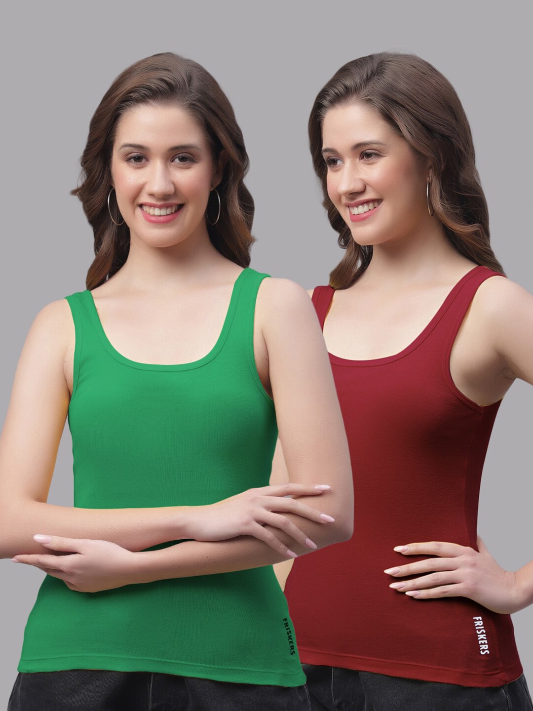 

Friskers Pack Of 2 Rib Sleeveless Cotton Tank Tops, Green