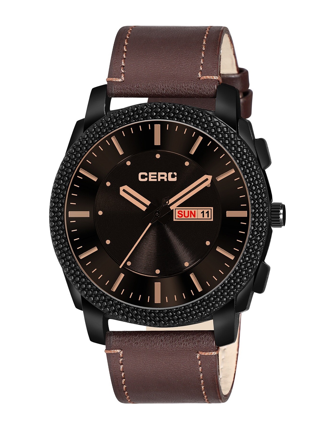 

CERO Men Day And Date Functioning Analogue Watch AB212-DD-Brown-Lethersnew, Black