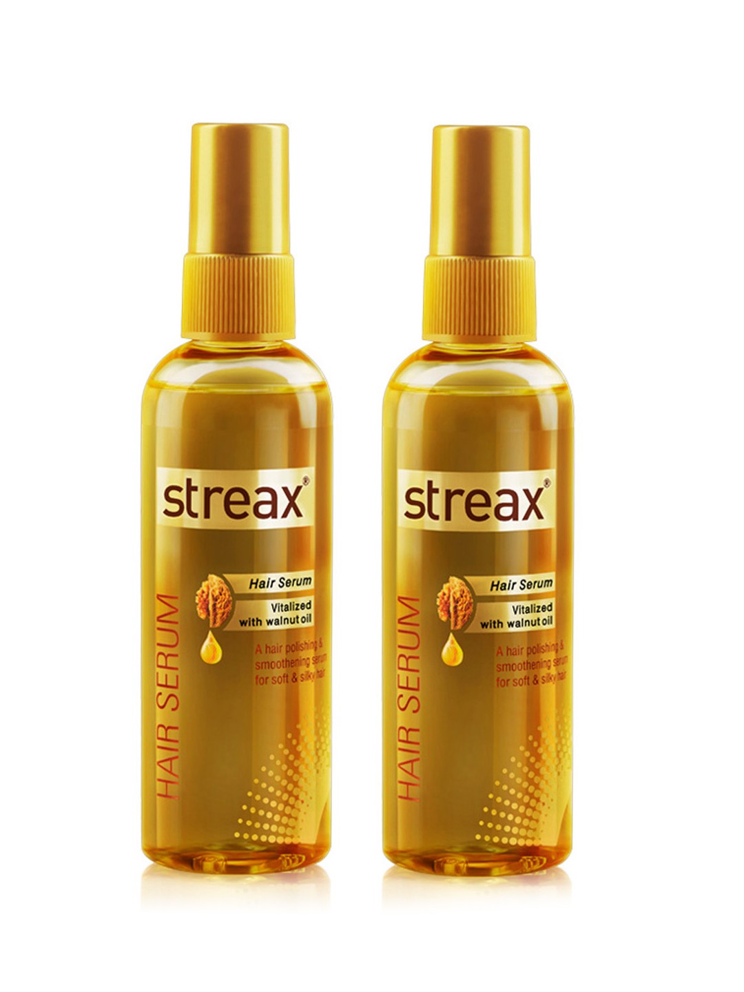 

Streax Set Of 2 Vitalised Hair Serum With Walnut Oil & Vitamin E - 45ml Each, Gold