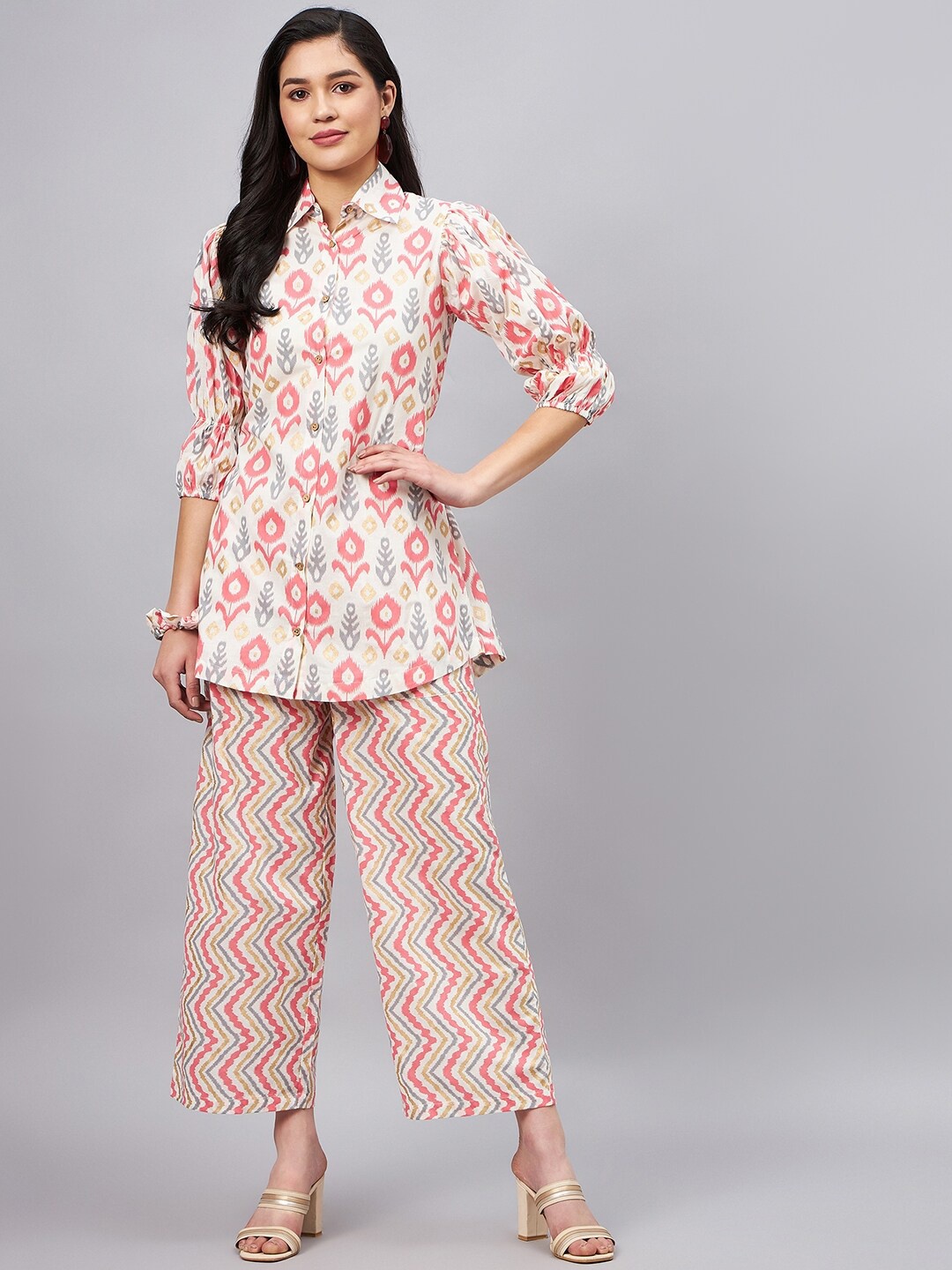 

WineRed Floral Printed Pure Cotton Shirt With Flared Palazzos With Scrunchy, White