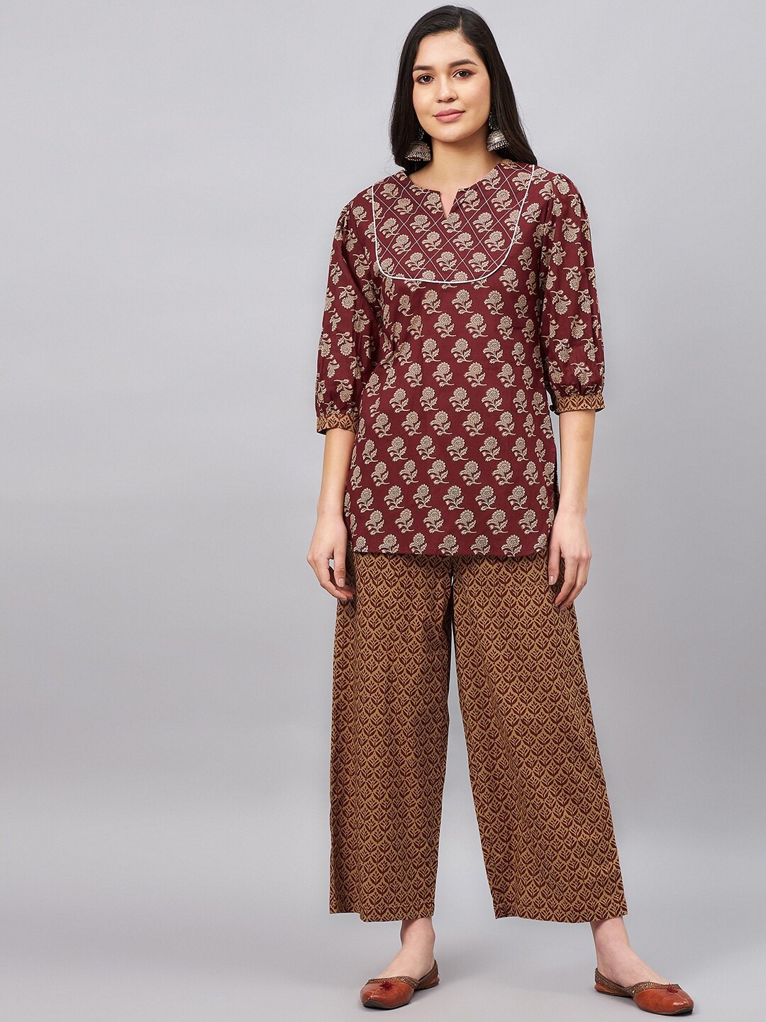 

WineRed Ethnic Motifs Printed Pure Cotton Kurta Set, Maroon