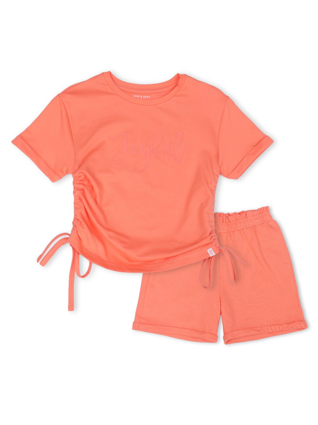 

Gini and Jony Girls Pure Cotton T-shirt with Shorts, Peach