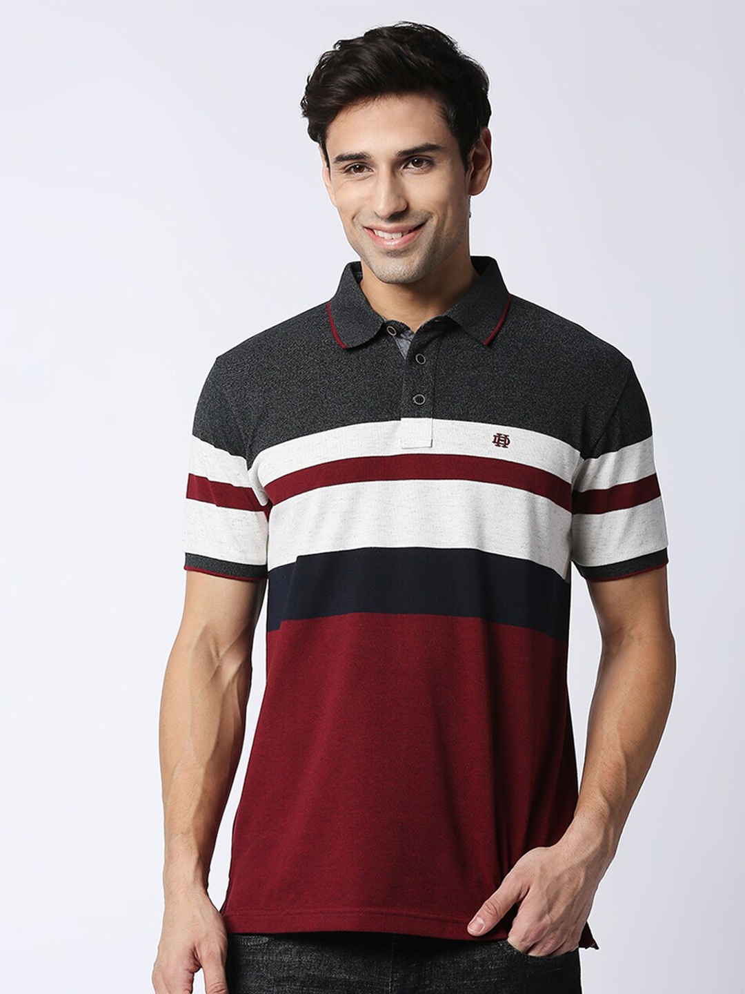 

DRAGON HILL Striped Polo Collar Cotton Slim Fit T-shirt, Maroon