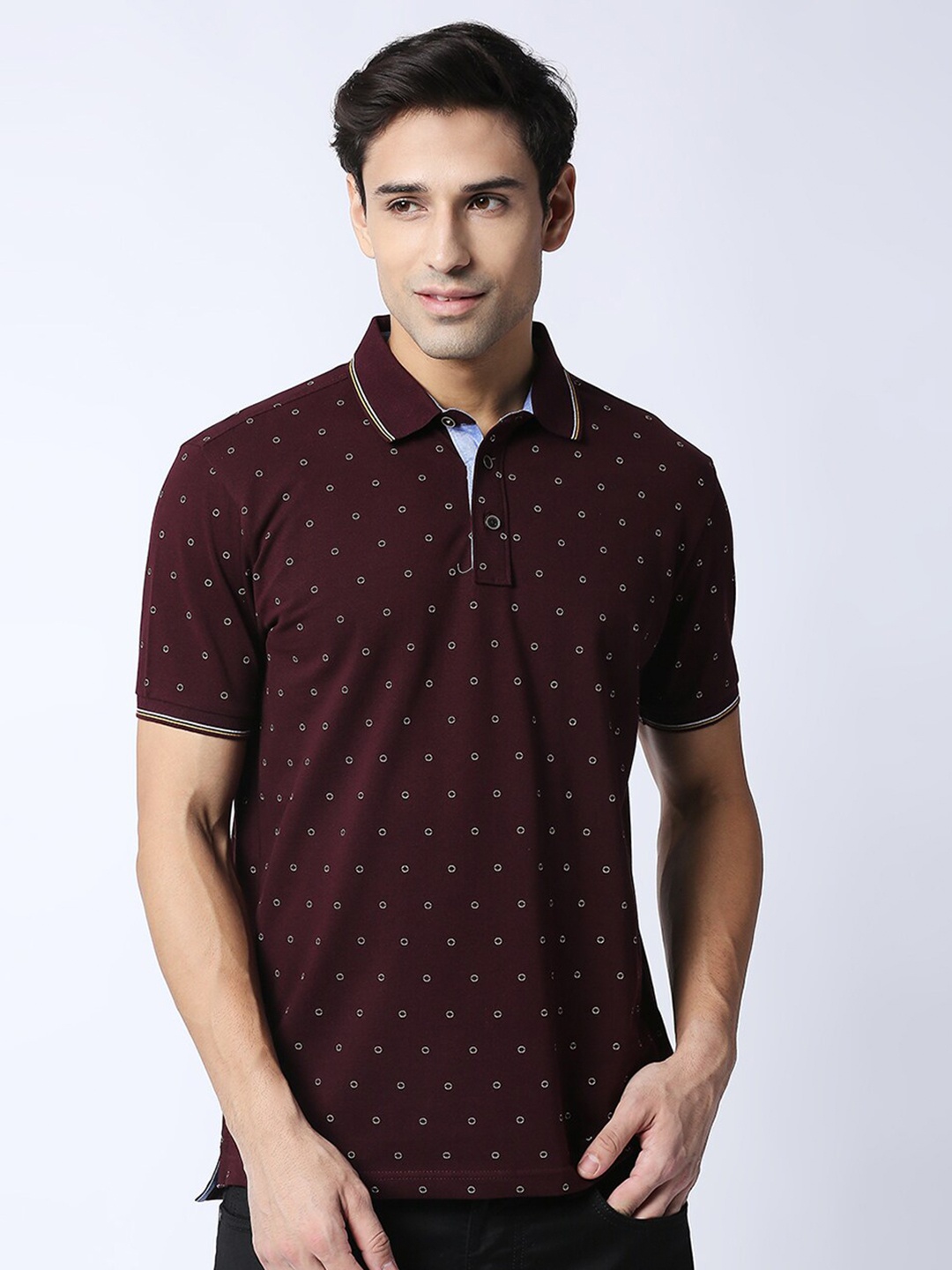 

DRAGON HILL Geometric Printed Polo Collar Slim Fit T-shirt, Maroon