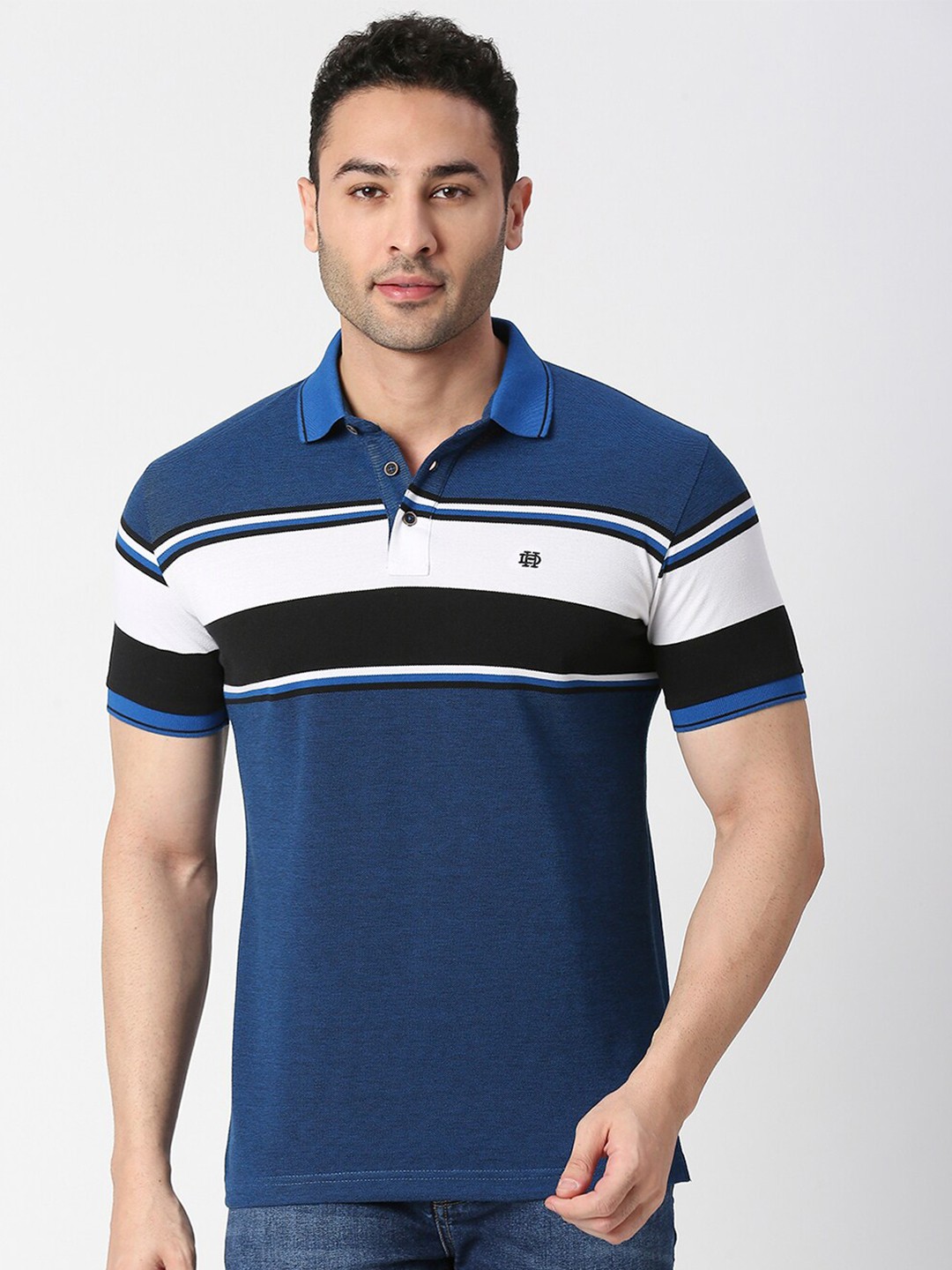 

DRAGON HILL Striped Polo Collar Cotton Slim Fit T-shirt, Blue