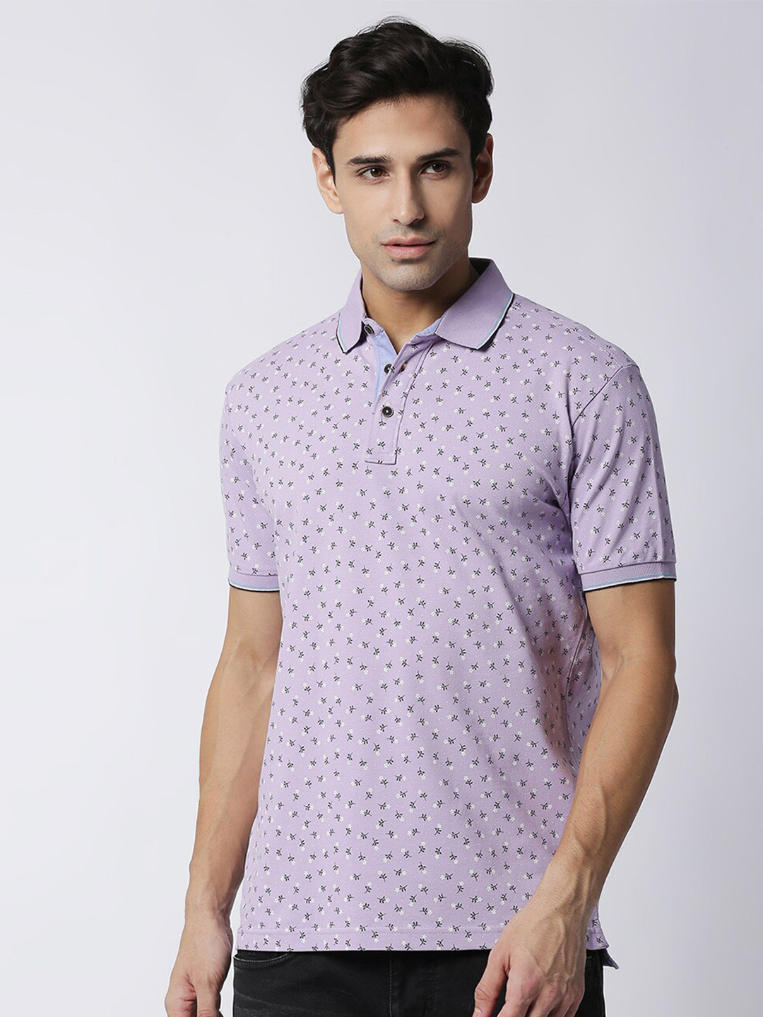 

DRAGON HILL Floral Printed Polo Collar Cotton Slim Fit T-shirt, Purple