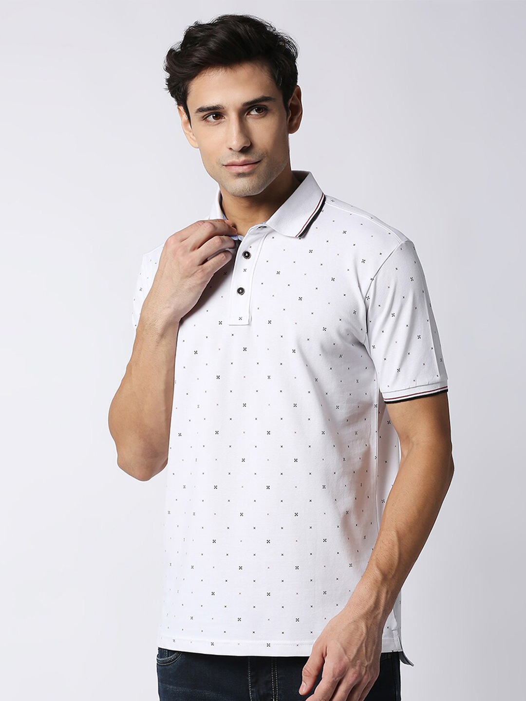 

DRAGON HILL Geometric Printed Polo Collar Slim Fit T-shirt, White