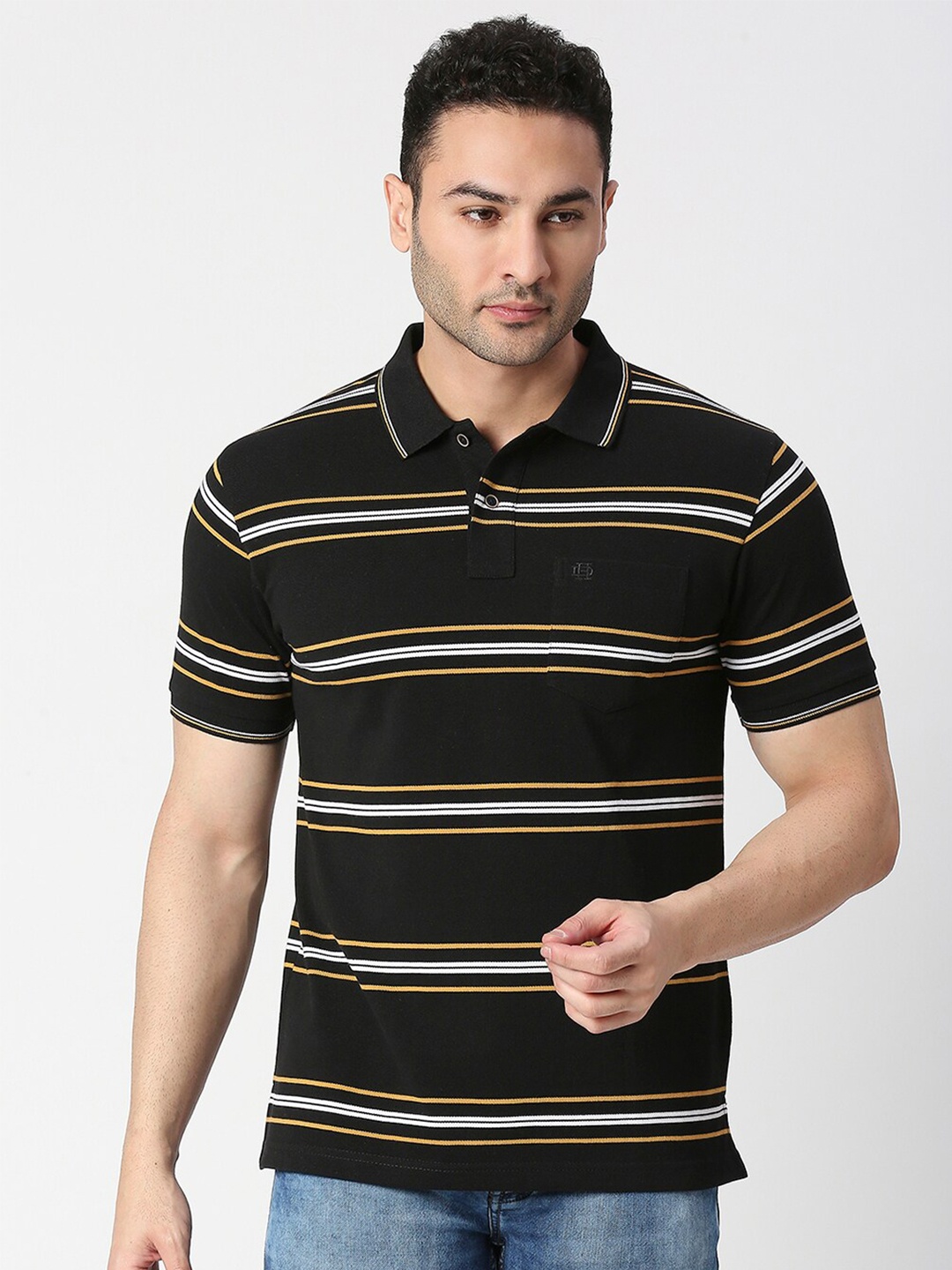 

DRAGON HILL Striped Polo Collar Cotton Slim Fit T-shirt, Black