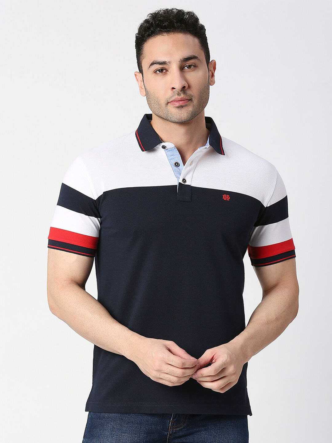 

DRAGON HILL Colourblocked Polo Collar Cotton Slim Fit T-shirt, Navy blue