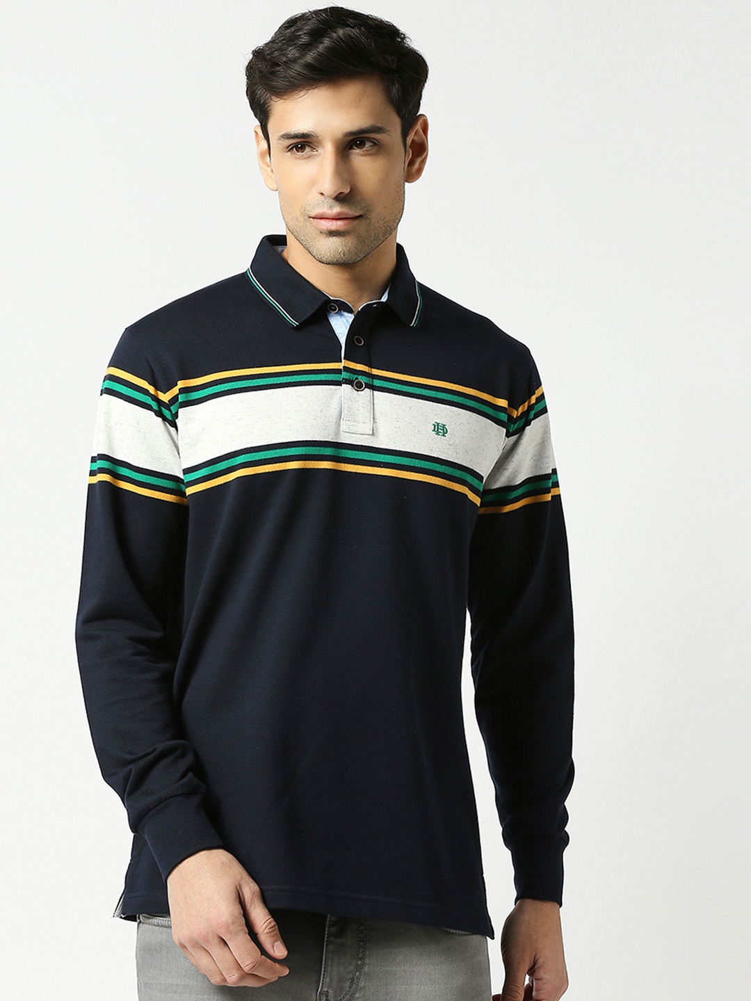 

DRAGON HILL Striped Polo Collar Long Sleeve Cotton Slim Fit T-shirt, Navy blue