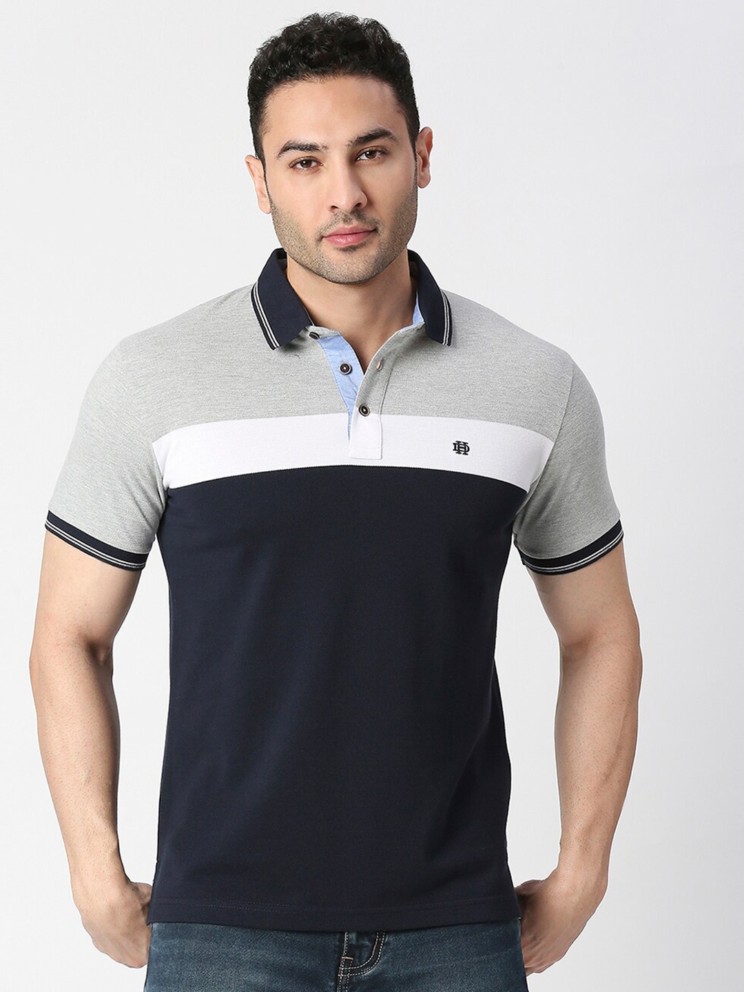 

DRAGON HILL Colourblocked Polo Collar Cotton Slim Fit T-shirt, Navy blue