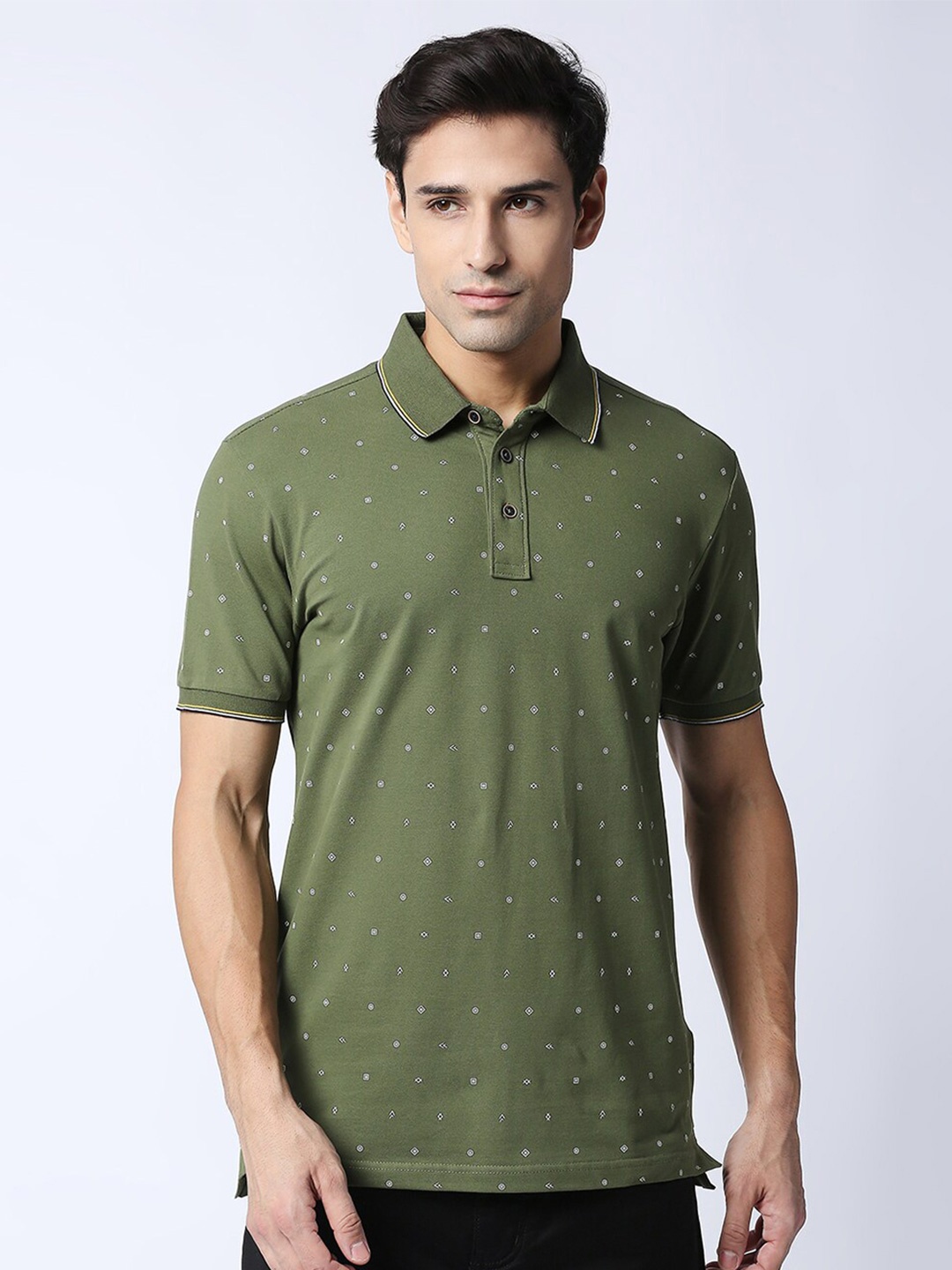 

DRAGON HILL Geometric Printed Polo Collar Slim Fit T-shirt, Green